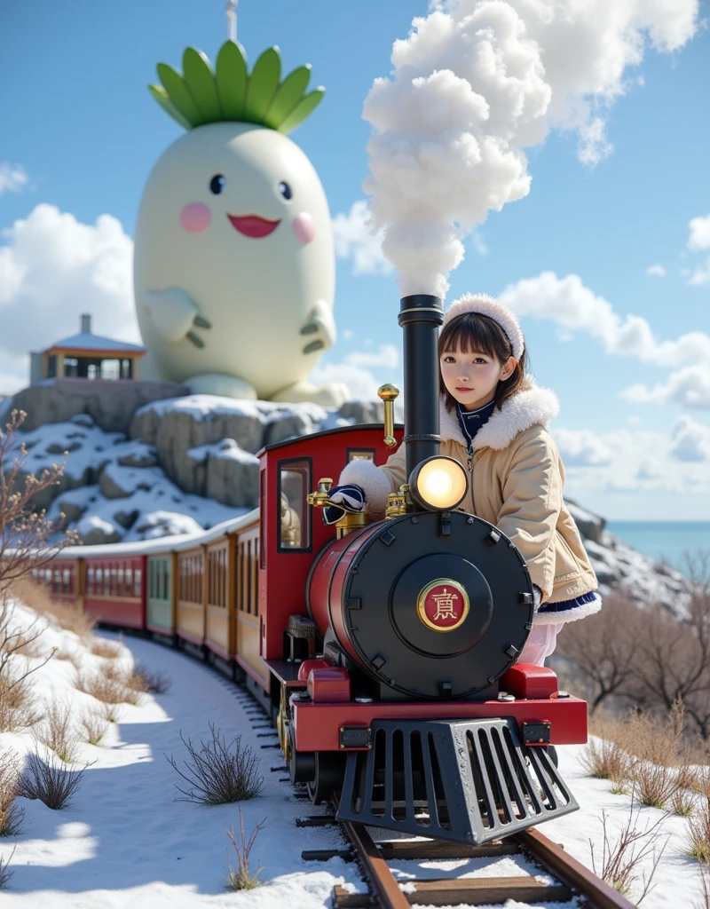 ultra-realistic, photorealistic, dramatic scene, shadow, global-illumination, solo, (20 years old Japanese famous idol girl), very beautiful fragile Japanese girl, very beautiful with very cute face, (modern maid, detailed face skin texture), (wearing a cute colored maid outfits with winter jacket and glove with knit cap), She is driving the miniature steam locomotive train, some kindergarteners are riding on the train with smile, in front of the huge daikon radish shaped lighthouse on the cliff, at the deeply snow covered scenic railroad, (amazing view of ocean with a daikon radish painted lighthouse), lighthouse\(large, very cute white daikon radish character, very cute smiled face, chubby, green leaves on the top, medium-long, full body, small hands\), professional lighting, warm winter sunshine, she looks so happy,