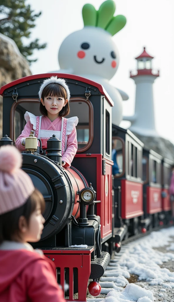 ultra-realistic, photorealistic, dramatic scene, shadow, global-illumination, solo, (20 years old Japanese famous idol girl), very beautiful fragile Japanese girl, very beautiful with very cute face, (modern maid, detailed face skin texture), (wearing a cute colored maid outfits with winter jacket and glove with knit cap), She is driving the miniature steam locomotive train, some *************** are riding on the train with smile, in front of the huge daikon radish shaped lighthouse on the cliff, at the deeply snow covered scenic railroad, (amazing view of ocean with a daikon radish painted lighthouse), lighthouse\(large, very cute white daikon radish character, very cute smiled face, chubby, green leaves on the top, medium-long, full body, small hands\), professional lighting, warm winter sunshine, she looks so happy,