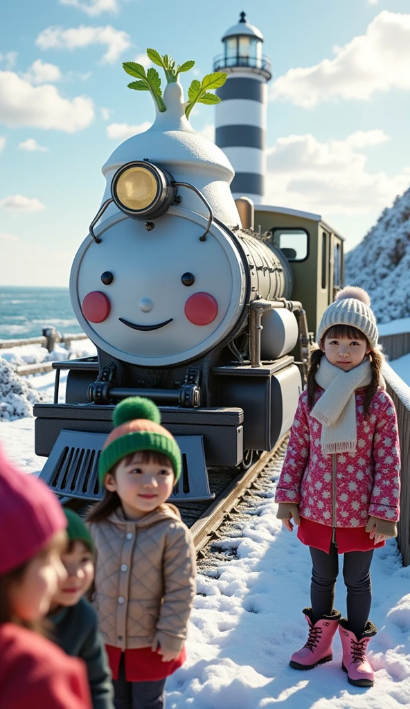 ultra-realistic, photorealistic, dramatic scene, shadow, global-illumination, solo, (20 years old Japanese famous idol girl), very beautiful fragile Japanese girl, very beautiful with very cute face, (modern maid, detailed face skin texture), (wearing a cute colored maid outfits with winter jacket and glove with knit cap), She is driving the miniature steam locomotive train, some *************** are riding on the train with smile, in front of the huge daikon radish shaped lighthouse on the cliff, at the deeply snow covered scenic railroad, (amazing view of ocean with a daikon radish painted lighthouse), lighthouse\(large, very cute white daikon radish character, very cute smiled face, chubby, green leaves on the top, medium-long, full body, small hands\), professional lighting, warm winter sunshine, she looks so happy,