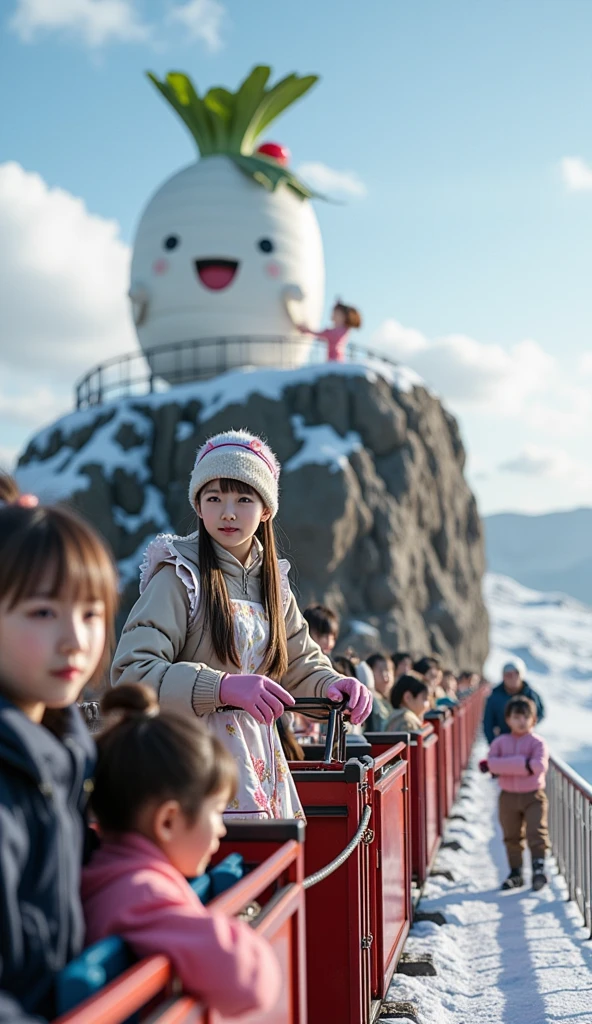 ultra-realistic, photorealistic, dramatic scene, shadow, global-illumination, solo, (20 years old Japanese famous idol girl), very beautiful fragile Japanese girl, very beautiful with very cute face, (modern maid, detailed face skin texture), (wearing a cute colored maid outfits with winter jacket and glove with knit cap), She is driving the miniature steam locomotive train, some kindergarteners are riding on the train with smile, in front of the huge daikon radish shaped lighthouse on the cliff, at the deeply snow covered scenic railroad, (amazing view of ocean with a daikon radish painted lighthouse), lighthouse\(large, very cute white daikon radish character, very cute smiled face, chubby, green leaves on the top, medium-long, full body, small hands\), professional lighting, warm winter sunshine, she looks so happy,