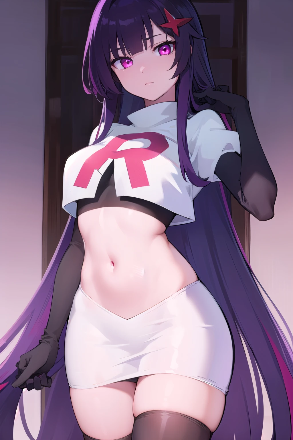 honkaisparkle, black hair, colored inner hair, glasses, hair intakes, hair ornament, hairclip, long hair, multicolored hair, (pink eyes:1.3), purple hair, straight hair, 
BREAK team rocket,team rocket uniform,white skirt,red letter R,crop top,black thigh-highs,black elbow gloves,
BREAK looking at viewer, cowboy shot,
BREAK (masterpiece:1.2), best quality, high resolution, unity 8k wallpaper, (illustration:0.8), (beautiful detailed eyes:1.6), extremely detailed face, perfect lighting, extremely detailed CG, (perfect hands, perfect anatomy),