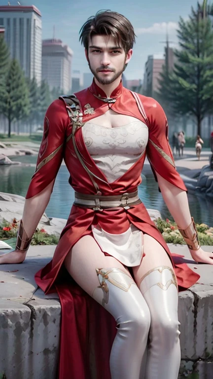 Young man having long legs, thick thighs, large wide hips,thin and narrow weist, long legs, thick thighs, wide hips, thin and narrow weist, shaved beard, wearing a cultivation dress, red and white dress, detached sleeves, pink gloves, intrinsic design, silver trim, Solo, High Resolution, Looking at viewer, young man, hot male, bearded man, Smile, Short Hair, very small boyish haircut Jewelry, young man, hot male, bearded man, river side , bearded man, high heels, hot male , young man , full body 