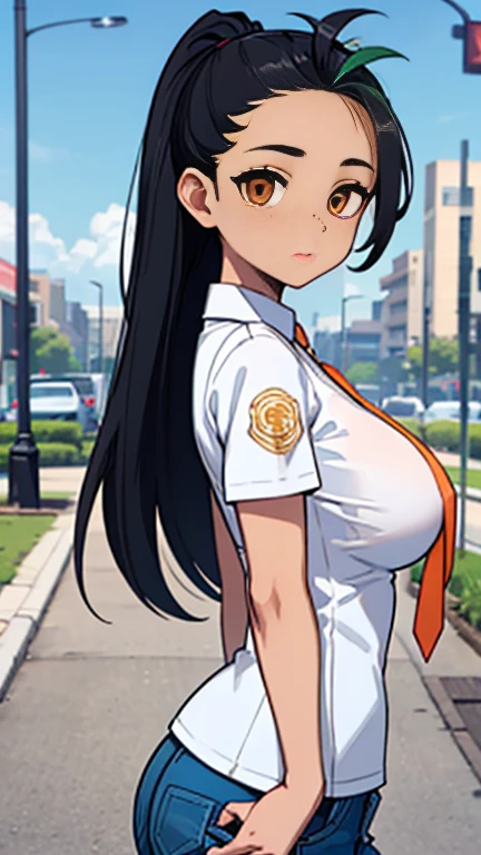 Nemona has large breasts and she is wearing her white shirt with her orange tie and she is wearing her blue shorts and she has a cute face 