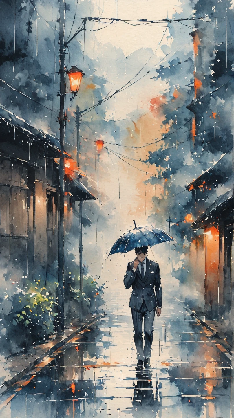 watercolor painting of a man in suit in the rain. full body shot of the man who is soaked under the rain. he tilts his head up to face the rain, the rainwater flows down his face. he is walking in the street, holding his hands out to feel the rain. watercolor brushes stroke painting style. the sky is dark.