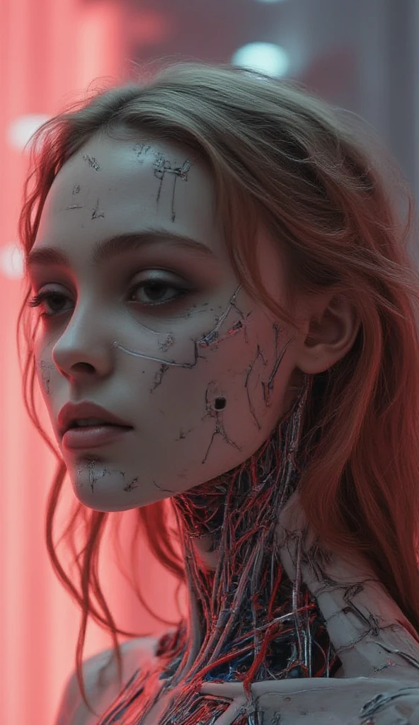 A beautiful ((evil slavic woman)), pale skin, long light brown hair, with robotic features as a closeup shot of the face and neck, with circuitry on her skin, clean lines, minimal details, cyberpunk, portrayed, futuristic design, in a 2D flat composition, red tones