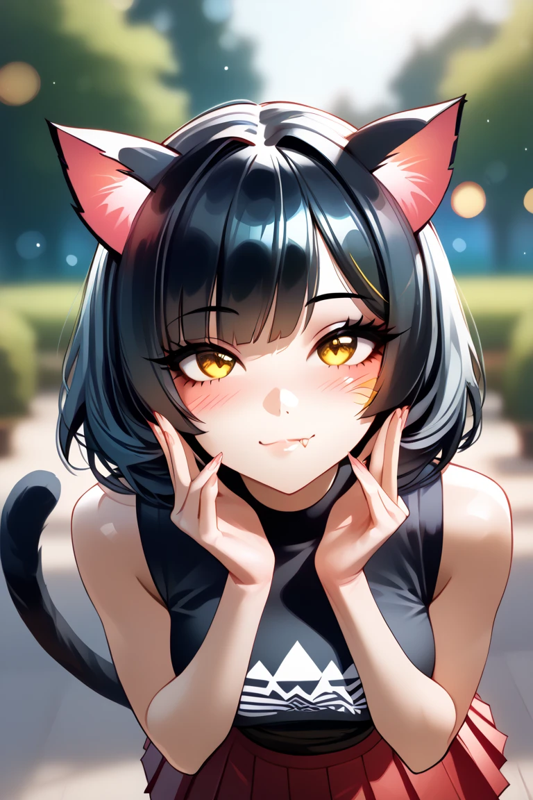 (masterpiece, best quality), (score_9,score_8_up,score_7_up), (highly-detailed), RAR, 
solo, (young woman, 21 years old), (short stylish black hair), (bright yellow eyes:1.4), (nice body, curvaceous, fit), cute face, (cat ears, cat tail), 
black sleeveless shirt, red pleated skirt, (looking up), standing, joyful, [cute feline fang], playful, blush, (mouth closed:1.5), (purring intensely), (floating hears), outdoors, nice park, beautiful day, (extremely cute pose), extremely cute look, (close up, focus on face), (looking up), (irresistible cute eyes), (begging:1.4), eyes wide open, feline-gesture, the most beautiful catgirl in the world, extremely adorable, looking at viewer, bokeh, dreamy, 8k, ultra high definition, subtle depth of field, subtle bloom, 