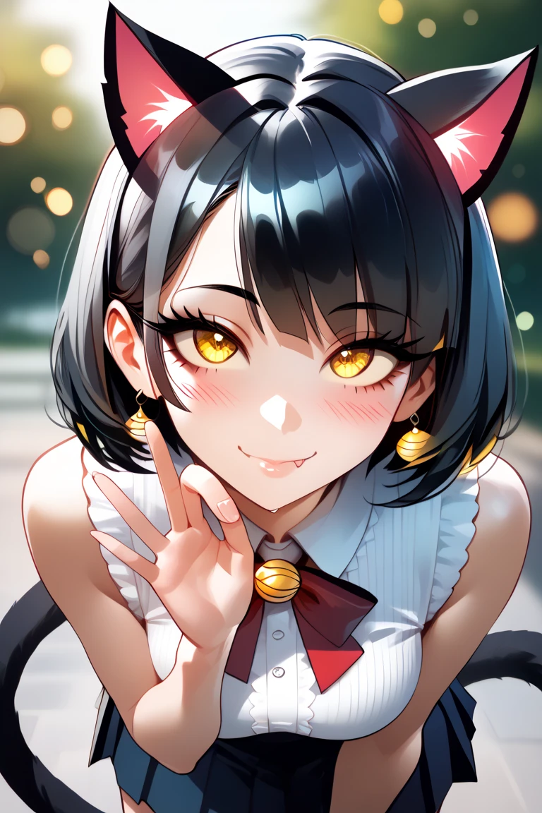 (masterpiece, best quality), (score_9,score_8_up,score_7_up), (highly-detailed), RAR, 
solo, (young woman, 21 years old), (short stylish black hair), (bright yellow eyes:1.4), (nice body, curvaceous, fit), cute face, (cat ears, cat tail), 
black sleeveless shirt, red pleated skirt, (looking up), standing, joyful, [cute feline fang], playful, blush, (mouth closed:1.5), (purring intensely), (floating hears), outdoors, nice park, beautiful day, (extremely cute pose), extremely cute look, (close up, focus on face), (looking up), (irresistible cute eyes), (begging:1.4), eyes wide open, feline-gesture, the most beautiful catgirl in the world, extremely adorable, looking at viewer, bokeh, dreamy, 8k, ultra high definition, subtle depth of field, subtle bloom, 