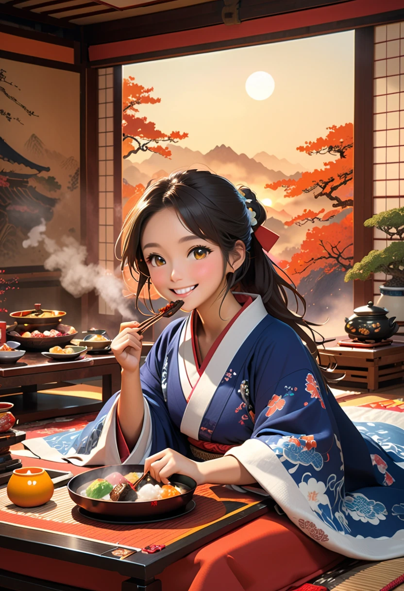  top quality 、 high res、( high image quality:1.2)、masterpiece、 detailed background、 beautiful faces、 very detailed face、 anatomically correct、 detailed eyes、Teenage beauty、 Calm Morning 、Sitting on a kotatsu 、 and a cute girl sitting on a kotatsu 、(  holding steamy ozoni with her small hands:1.5)、(hot々Girl eating zoni with a smile while breathing in it :1.5)、 big smile when looking back、 cute