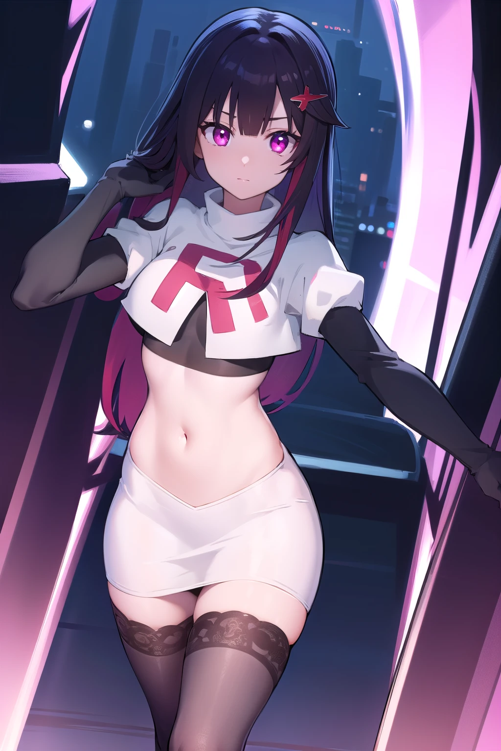 masterpiece, best quality, serra, purple eyes, long white dress, sleeveless, elbow gloves, purple scarf, belt, ((Tight leotard)), ((sexy pose)), ((Wrestling ring)), looking at viewer, from behind, surprised