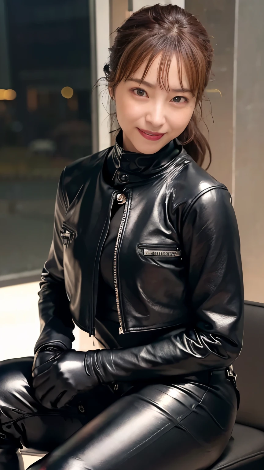 ( glossy black leather riders jacket:1.2), Office in the Dark, Black leather gloved fingertips on both hands,Wearing black leather gloves,Sitting in a black leather chair、 Japanese female new recruits (Black leather gloves cover both hands:1.4) (The angle is in front )、Black Leather Pants,Black Leather Black Leather Pants, black leather skinny pants 、(very tight fit:1.4). Black long leather boots on both feet、 dark hair ponytail that shines when wet((She wears black leather gloves on her hands:1.4))(Full Body Photo:1.3), full body shot full body full body leather suit ,☺(Long boots plus leather pants boots in :1.5)、Full body shot from head to toe、very tight fit. Wearing black leather gloves,Wearing black leather gloves,Wearing black leather gloves,Wearing black leather gloves,Wearing black leather gloves,Wearing black leather gloves,黒のレザーパンツが美しい😍黒のレザーパンツが美しい😍黒のレザーパンツが美しい,😍こちらを見ながら笑faceで微笑んでる,City lights、(Cyberpunk City Street:1.3))、 detailed lighting、
best image quality 、 super high res、( realism:1.4)、Korean Beauty Star、The most beautiful KPOP stars、face、Horny Korean Makeup、A body that makes you want to touch it、Realistic leather texture、Costume made of smooth leather fabric、The drape of the curved parts of the leather fabric、The costume is very shiny、Quality of the costume、8K Photo Quality、(shy Smile:1.4)