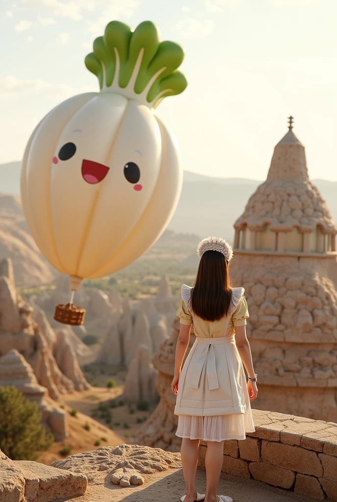 ultra-realistic, photorealistic, dramatic scene, shadow, global-illumination, solo, (20 years old Japanese famous idol girl), very beautiful fragile Japanese girl, very beautiful with very cute face, (modern maid, detailed face skin texture), (wearing a cute colored maid outfits with a jacket), She is standing at the observatory On the stone ramparts, in front of the huge daikon radish shaped hot-air balloon in Cappadocia, in the early morning, (amazing view of a daikon radish shaped hot-air balloons), balloons\(large, very cute white daikon radish character, very cute smiled face, chubby, green leaves on the top, medium-long, full body, small hands\), professional lighting, dramatic sunrise seen, 