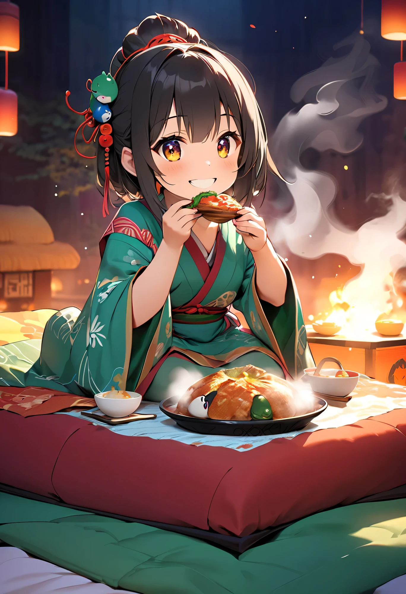  top quality 、 high res、( high image quality:1.2)、masterpiece、 detailed background、 beautiful faces、 very detailed face、 anatomically correct、 detailed eyes、Teenage beauty、 Calm Morning 、Sitting on a kotatsu 、 and a cute girl sitting on a kotatsu 、(  holding steamy ozoni with her small hands:1.5)、(hot々Girl eating zoni with a smile while breathing in it :1.5)、 big smile when looking back、 cute