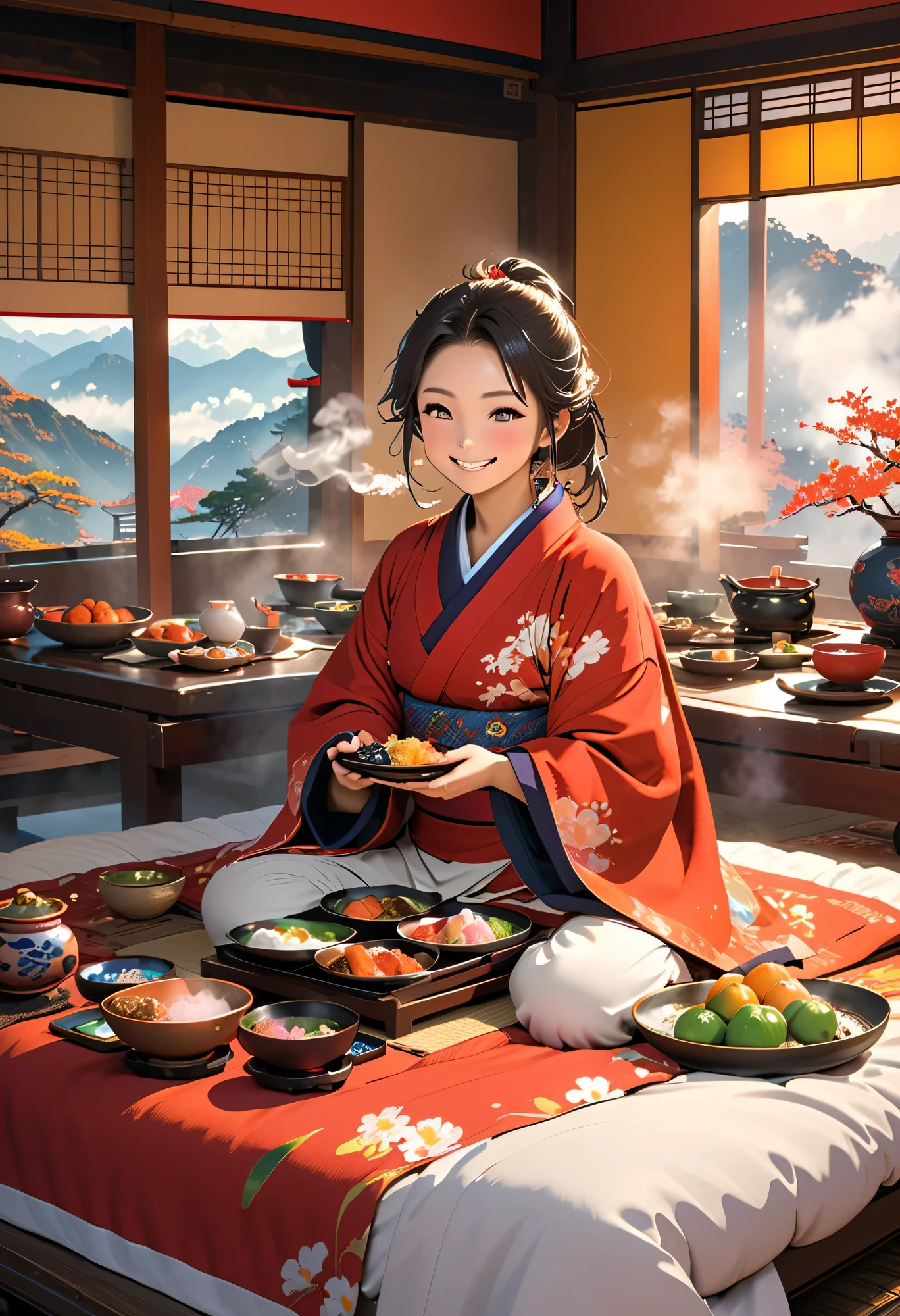  top quality 、 high res、( high image quality:1.2)、masterpiece、 detailed background、 beautiful faces、 very detailed face、 anatomically correct、 detailed eyes、Teenage beauty、 Calm Morning 、Sitting on a kotatsu 、 and a cute girl sitting on a kotatsu 、(  holding steamy ozoni with her small hands:1.5)、(hot々Girl eating zoni with a smile while breathing in it :1.5)、 big smile when looking back、 cute