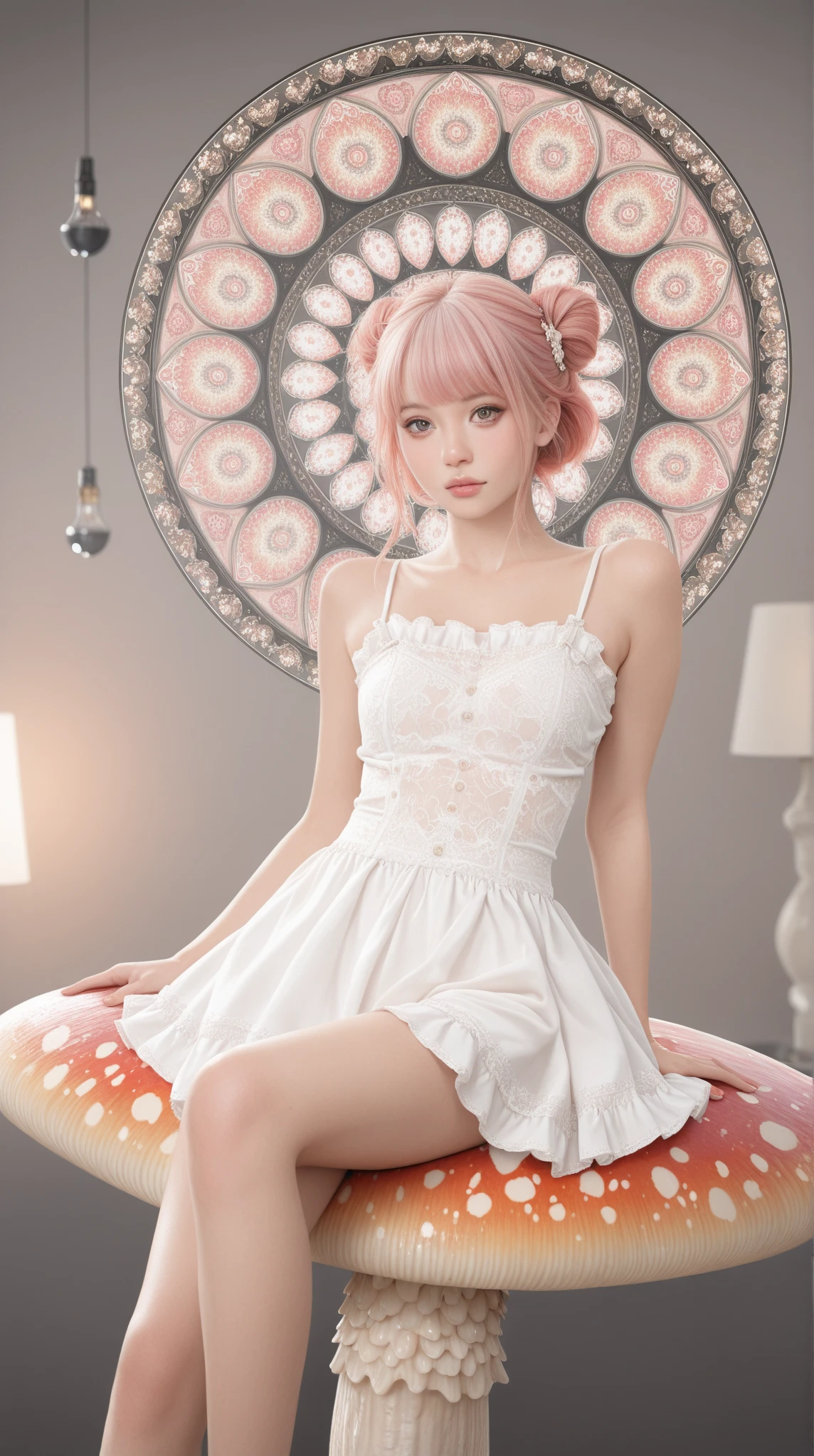 1girl,beautiful 18 year old girl,pink hair in a bun,bare shoulders,sitting on a giant mushroom,elegant,chic,modern,fashionable,muted colors,soft lighting,art nouveau,psychedelic anime style,colorful,trippy,(best quality,4k,8k,highres,masterpiece:1.2),ultra-detailed,(realistic,photorealistic,photo-realistic:1.37),HDR,UHD,studio lighting,ultra-fine painting,sharp focus,physically-based rendering,extreme detail description,professional,vivid colors,bokeh