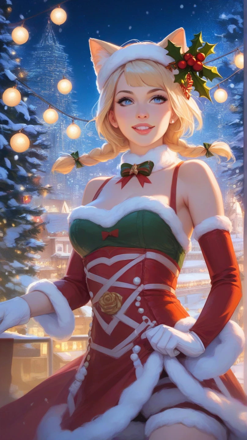 AppleJack, Applejack from my little pony, big breastes, Lush breasts, Volumetric breasts, exuberant hair, hairlong, ponytail with red hair tie, Smiling, New Year, Christmas, santa costume, New Year's down jacket, closed clothing, New Year's hat, The costume is red, New Year's Eve Outfit, in full height, New Year's boots, women's boots, a lot of Christmas lights, village, fireworks, apples, super quality, Very detailed, snowing, Christmas tree with apples, Garland