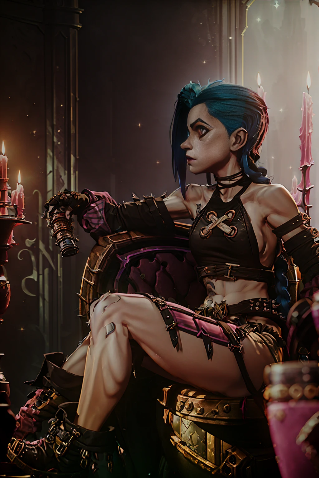 “Girl, best quality, highly detailed, sitting on a gothic, dark, wing-shaped chair with sharp, spiky, intricate patterns resembling feathers or blades. The image is a perfect side view, clearly showing the full profile of her body, the chair, and her pose. Her back is slightly arched as she leans backward against the chair, with her chest pushed forward. Her legs are fully visible, one bent slightly upward with the boot resting flat on the ground, while the other extends forward casually, both grounded in a relaxed pose. She has long, vibrant blue hair styled in two thick twin braids that fall over her shoulders and down her chest, with loose strands framing her face. Her face is shown in profile, mischievous and confident, with sharp pink eyes and a chaotic expression. She is wearing a punk-inspired outfit: a dark brown leather cropped tank top with stitching and thin straps, exposing her midriff, paired with dark leather shorts. The entire image is viewed from the side, emphasizing the profile of her face, body, and the dramatic design of the chair. She also has thigh-high stockings attached to suspenders that connect to her shorts and wears black combat boots with pink accents, featuring metallic details like screws and buckles. Her hands are positioned precisely: her right arm is bent, raised at the elbow, holding a small pink gun with a copper barrel, pointed slightly upward. The gun has steampunk-inspired details, such as small visible gears, pipes, and metallic textures. Her left hand rests naturally on her lap. The chair she sits on is gothic and dramatic, with a backrest that features large, wing-like, spiky extensions and ornate patterns that emphasize its menacing aesthetic. The background is a soft pink gradient, simple but vibrant, ensuring her bold colors and the dark chair stand out. Lighting is soft and diffused, creating depth and emphasizing the details of her leather outfit, the textures of her hair and gun, the reflective surfaces of her boots.