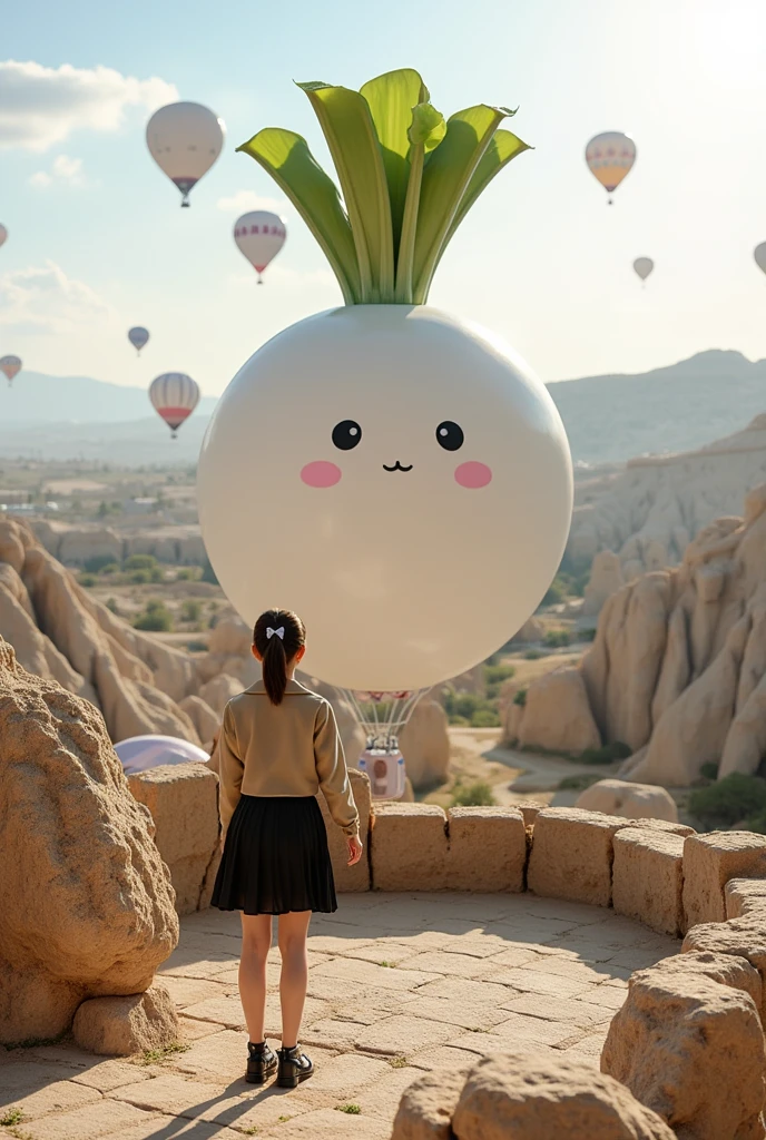 ultra-realistic, photorealistic, dramatic scene, shadow, global-illumination, solo, (20 years old Japanese famous idol girl), very beautiful fragile Japanese girl, very beautiful with very cute face, (modern maid, detailed face skin texture), (wearing a cute colored maid outfits with a jacket), She is standing at the observatory On the stone ramparts, in front of the huge daikon radish shaped hot-air balloon in Cappadocia, in the early morning, (amazing view of a daikon radish shaped hot-air balloons), balloons\(large, very cute white daikon radish character, very cute smiled face, chubby, green leaves on the top, medium-long, full body, small hands\), professional lighting, dramatic sunrise seen, 