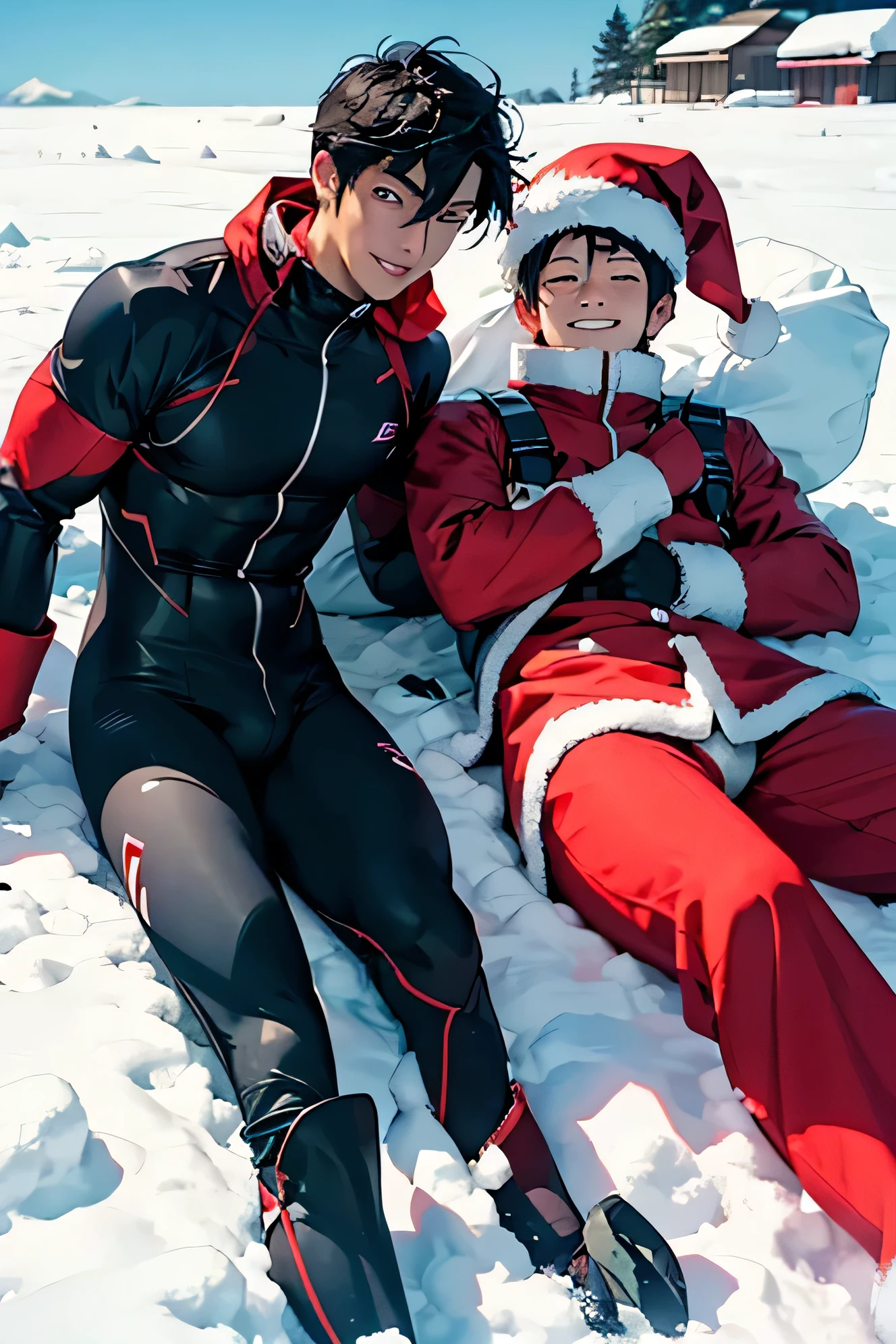 Two Japanese people　　Two handsome guys　　 black hair　　male　Slim figure　smile　 Santa Claus Costume Image Red Tight Full Body Suit　　　　 Santa hat 　　Antarctica　In the snow　blue sky　 close-up 　　Red Compression Suit Full Body 　Leg spread　　　Mega Bulge　　　　Two Men　Red tight full body suit with the image of two people lying down 　