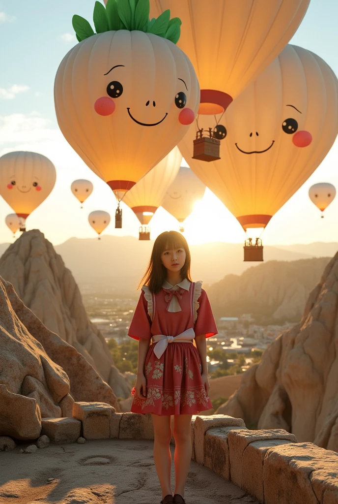 ultra-realistic, photorealistic, dramatic scene, shadow, global-illumination, solo, (20 years old Japanese famous idol girl), very beautiful fragile Japanese girl, very beautiful with very cute face, (modern maid, detailed face skin texture), (wearing a cute colored maid outfits with a jacket), She is standing at the observatory On the stone ramparts, in front of the huge daikon radish shaped hot-air balloon in Cappadocia, in the early morning, (amazing view of a daikon radish shaped hot-air balloons), balloons\(large, very cute white daikon radish character, very cute smiled face, chubby, green leaves on the top, medium-long, full body, small hands\), professional lighting, dramatic sunrise seen, 