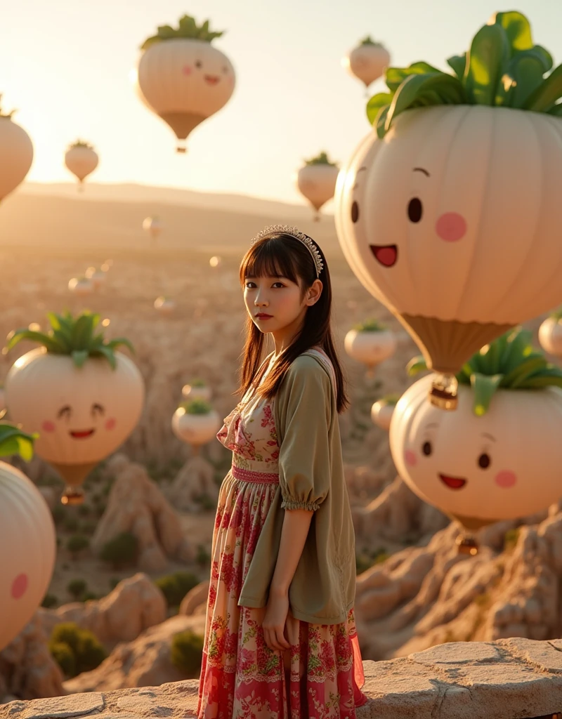 ultra-realistic, photorealistic, dramatic scene, shadow, global-illumination, solo, (20 years old Japanese famous idol girl), very beautiful fragile Japanese girl, very beautiful with very cute face, (modern maid, detailed face skin texture), (wearing a cute colored maid outfits with a jacket), She is standing at the observatory On the stone ramparts, in front of the huge daikon radish shaped hot-air balloon in Cappadocia, in the early morning, (amazing view of a daikon radish shaped hot-air balloons), balloons\(large, very cute white daikon radish character, very cute smiled face, chubby, green leaves on the top, medium-long, full body, small hands\), professional lighting, dramatic sunrise seen, 