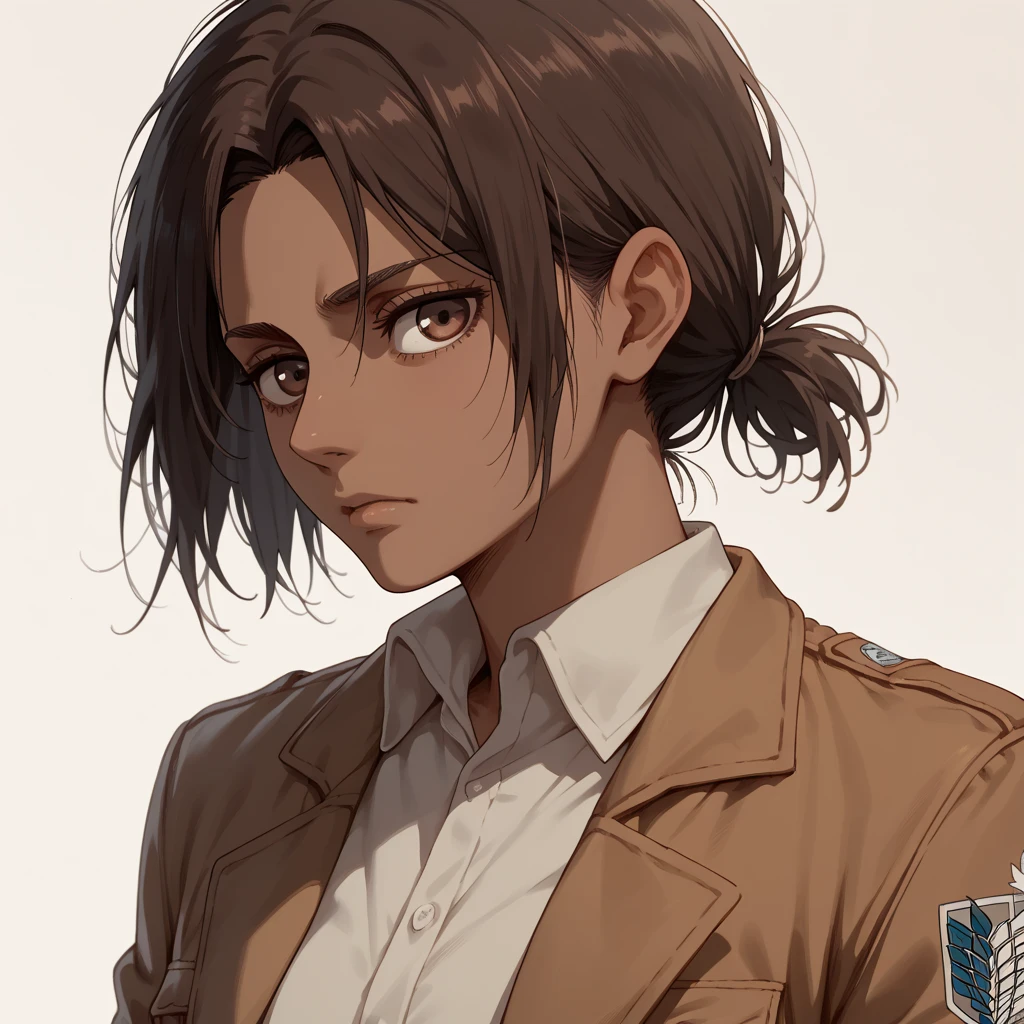  A girl with short wavy dark brown hair,  brown eyes,  brown skin. In the style of the anime Shingeki no Kyojin 