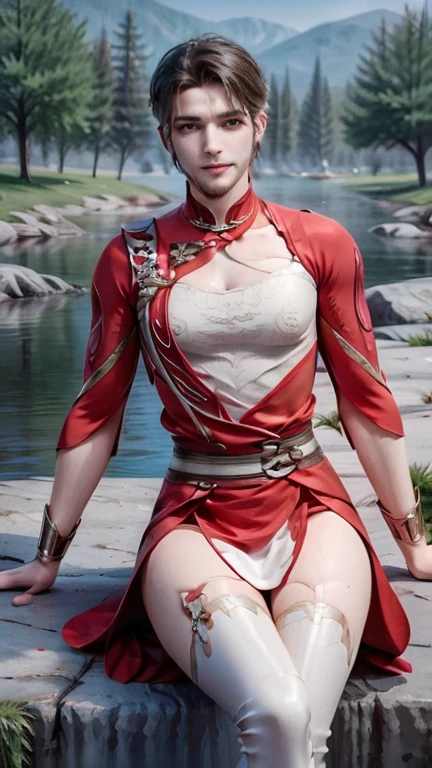 Young man having long legs, thick thighs, large wide hips,thin and narrow weist, long legs, thick thighs, wide hips, thin and narrow weist, shaved beard, wearing a cultivation dress, red and white dress, detached sleeves, pink gloves, intrinsic design, silver trim, Solo, High Resolution, Looking at viewer, young man, hot male, bearded man, Smile, Short Hair, very small boyish haircut Jewelry, young man, hot male, bearded man, river side , bearded man, high heels, hot male , young man 