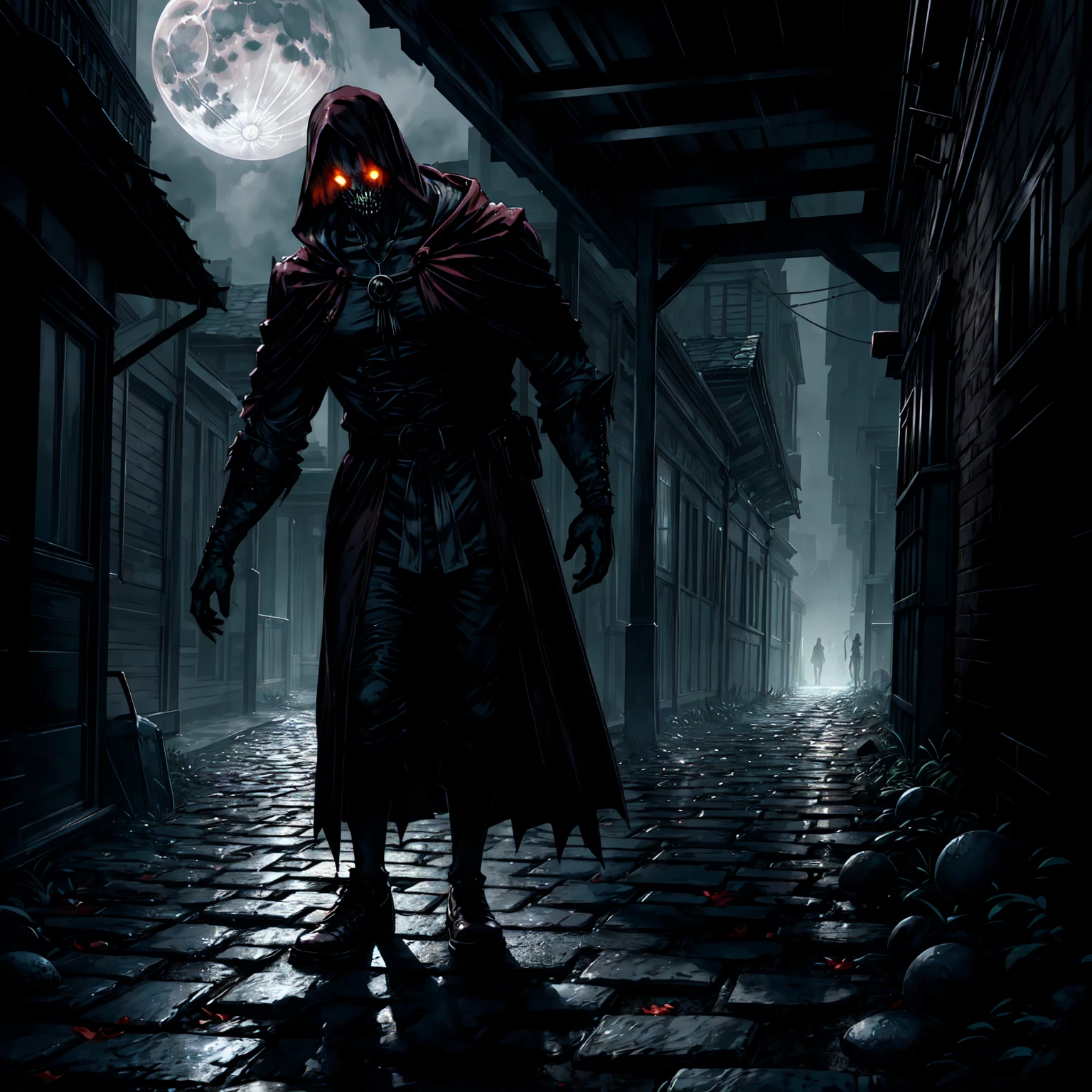 An eerie, shadowy creature in a tattered (red cloak), standing menacingly in a dark alley at night. The creature's silhouette is shrouded in darkness, with sharp, jagged details on its form. ((It holds a rusted, weathered bell in one hand, emanating an ominous aura)). The scene is illuminated by faint, cold moonlight reflecting on wet, cobblestone pavement, emphasizing the mysterious atmosphere. Highly detailed textures, cinematic lighting, realistic shadows, dark gothic aesthetics, and intricate details.