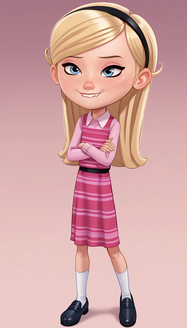 1girl, solo, full body, penny peterson, long hair, blue eyes, 3d, blonde hair, skirt, hairband, black hairband, white socks, dress, pink dress, long sleeves, Andystyle, Standing, arms crossed, Lip Bite, tounge out,naughty face, cute smile, ((School)), spread legs, 4k