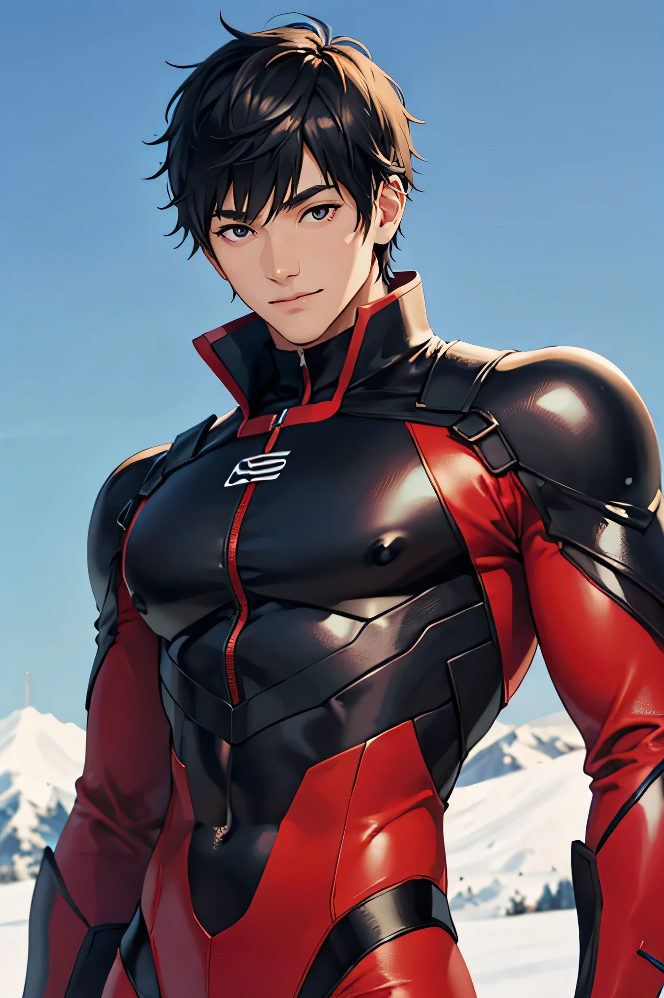  Japanese　　 handsome　Short cut　 black hair　　male　Slim figure　smile　red compression longsuit　spats megamokori close-up　　　background　blue sky　snow