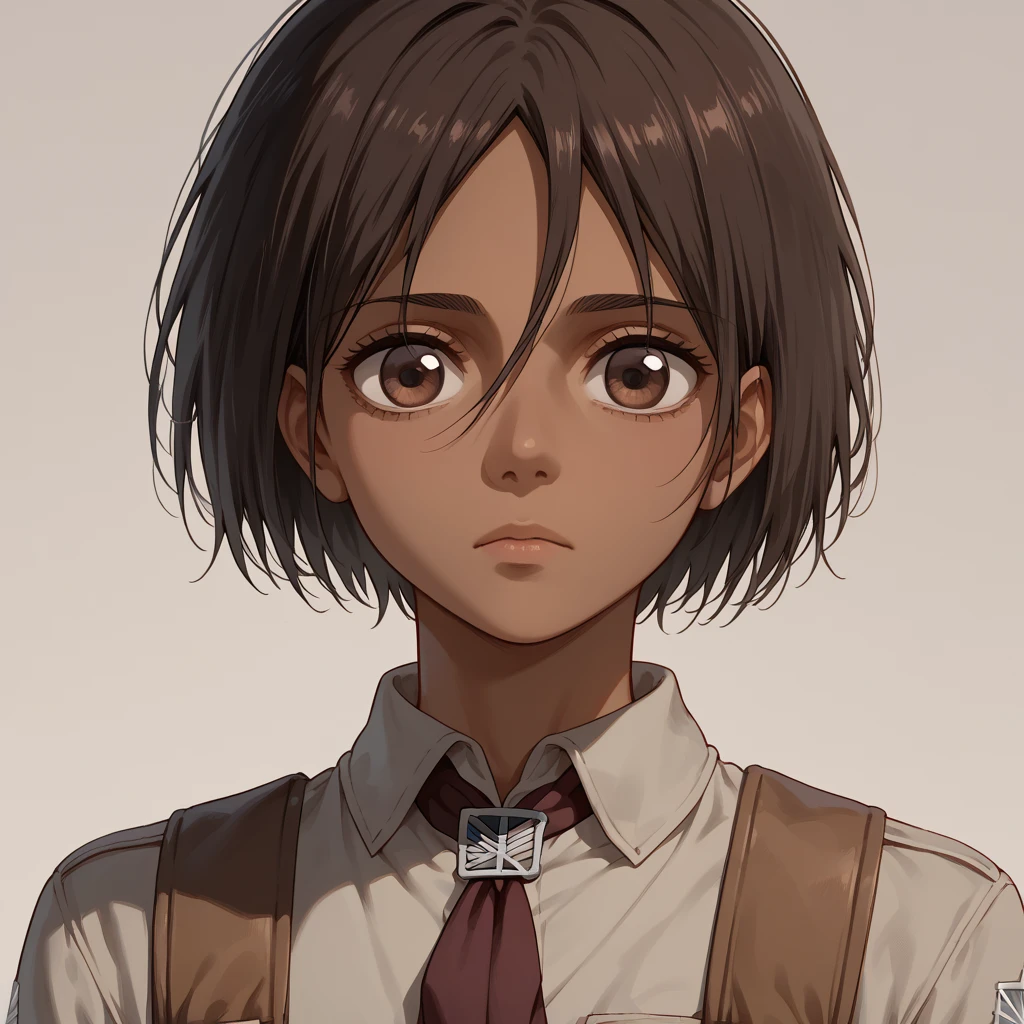 A young girl with dark brown wavy and short hair,  brown eyes,  brown skin. In the style of the anime Shingeki no Kyojin 