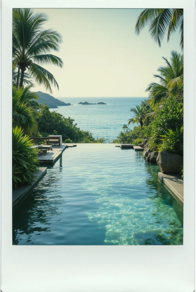 polaroid photo of a paradise pool in the crystal ocean at dawn, real photography, overexposed
