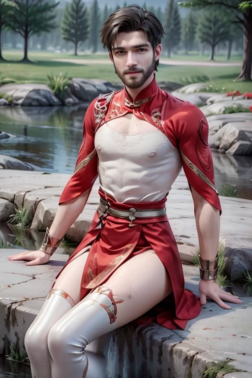 Young man having long legs, thick thighs, large wide hips,thin and narrow weist, long legs, thick thighs, wide hips, thin and narrow weist, shaved beard, wearing a cultivation dress, red and white dress, detached sleeves, pink gloves, intrinsic design, silver trim, Solo, High Resolution, Looking at viewer, young man, hot male, bearded man, Smile, Short Hair, very small boyish haircut Jewelry, young man, hot male, bearded man, river side , bearded man, high heels, hot male , young man 