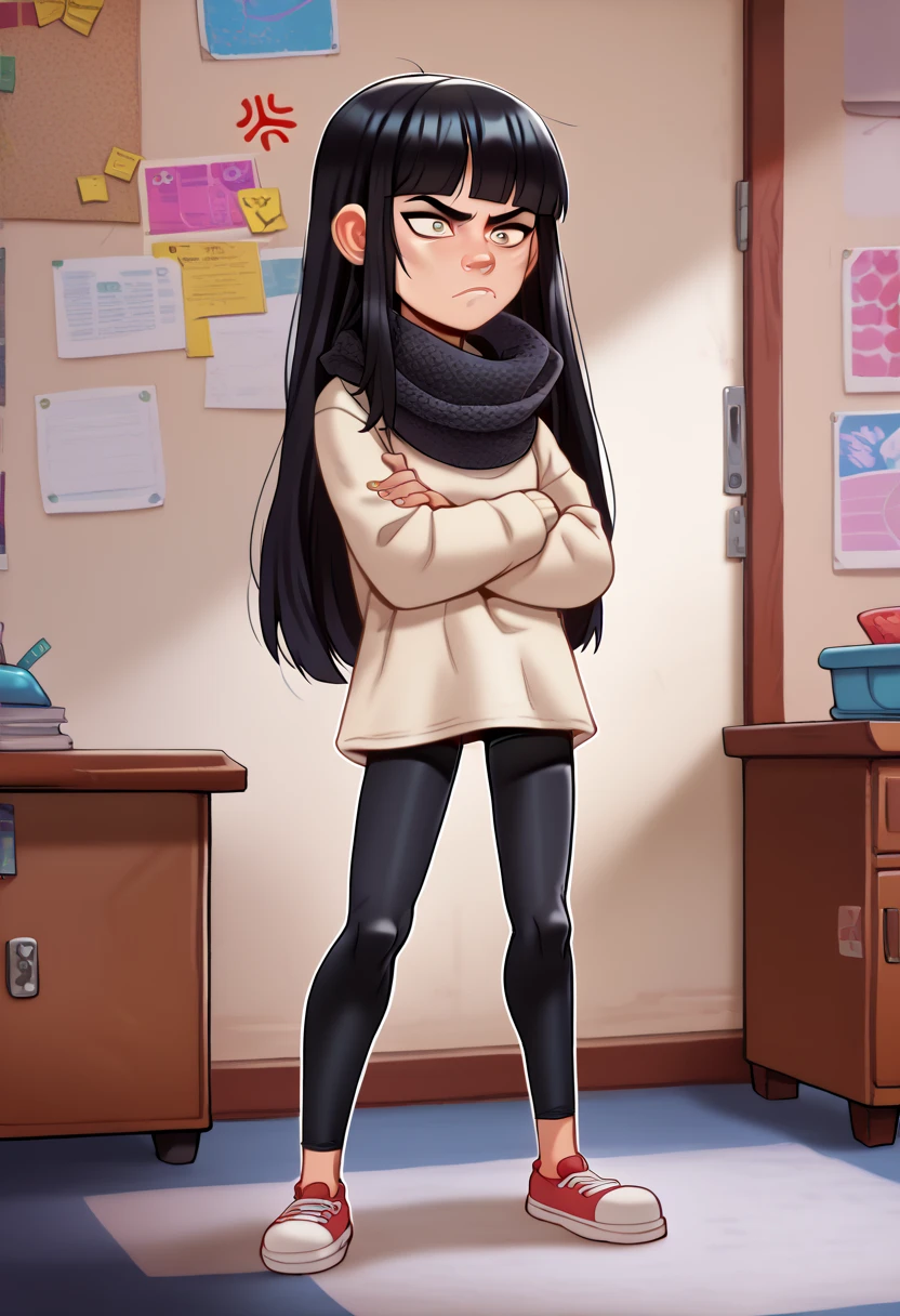 1girl, full body, solo, addie mccallister, long black hair, blunt bangs, tube scarf, beige sweater, black leggings, Andystyle, Standing, Anger Face, arms crossed, ((School)), 4k