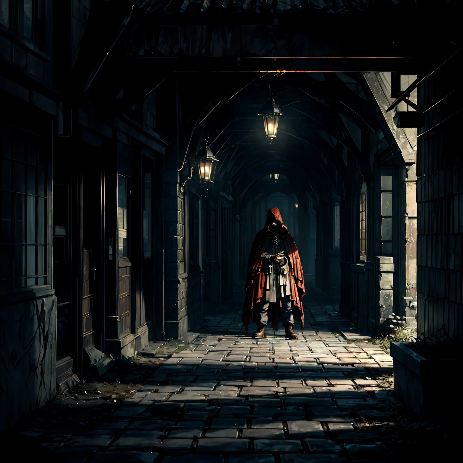 An eerie, shadowy creature in a tattered (red cloak), standing menacingly in a dark alley at night. The creature's silhouette is shrouded in darkness, with sharp, jagged details on its form. ((It holds a rusted, weathered bell in one hand, emanating an ominous aura)). The scene is illuminated by faint, cold moonlight reflecting on wet, cobblestone pavement, emphasizing the mysterious atmosphere. Highly detailed textures, cinematic lighting, realistic shadows, dark gothic aesthetics, and intricate details.