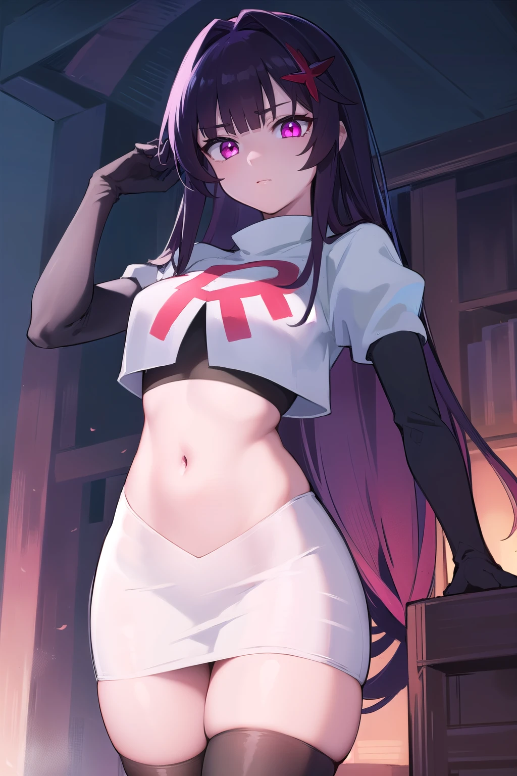 honkaisparkle, black hair, colored inner hair, glasses, hair intakes, hair ornament, hairclip, long hair, multicolored hair, (pink eyes:1.3), purple hair, straight hair,
BREAK team rocket,team rocket uniform,white skirt,red letter R,crop top,black thigh-highs,black elbow gloves,
BREAK looking at viewer, cowboy shot,
BREAK (masterpiece:1.2), best quality, high resolution, unity 8k wallpaper, (illustration:0.8), (beautiful detailed eyes:1.6), extremely detailed face, perfect lighting, extremely detailed CG, (perfect hands, perfect anatomy),
