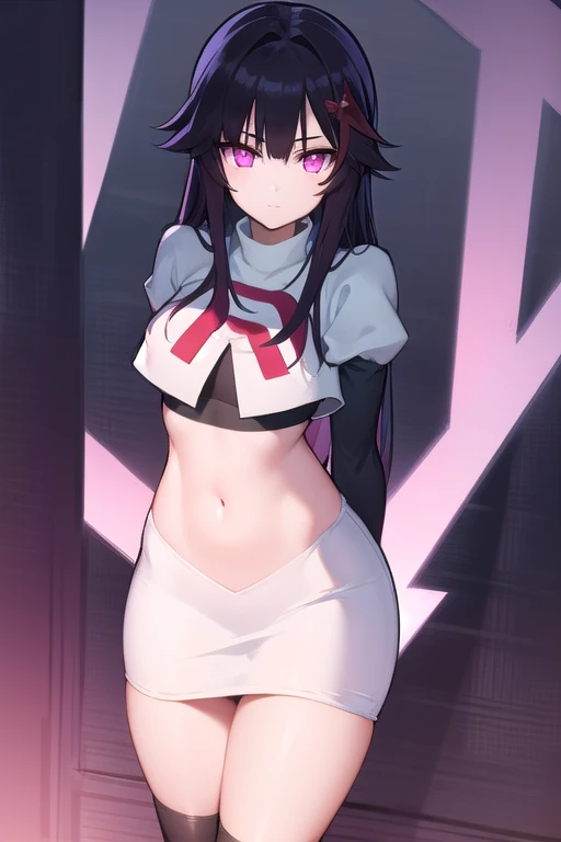 She is wearing a very thin black undergarment　Thin black tights
