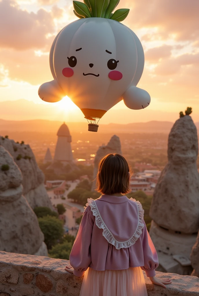 ultra-realistic, photorealistic, dramatic scene, shadow, global-illumination, solo, (20 years old Japanese famous idol girl), very beautiful fragile Japanese girl, very beautiful with very cute face, (modern maid, detailed face skin texture), (wearing a cute colored maid outfits with a jacket), She is standing at the observatory On the stone ramparts, in front of the huge daikon radish shaped hot-air balloon in Cappadocia, in the early morning, (amazing view of a daikon radish shaped hot-air balloons), balloons\(large, very cute white daikon radish character, very cute smiled face, chubby, green leaves on the top, medium-long, full body, small hands\), professional lighting, dramatic sunrise seen, 