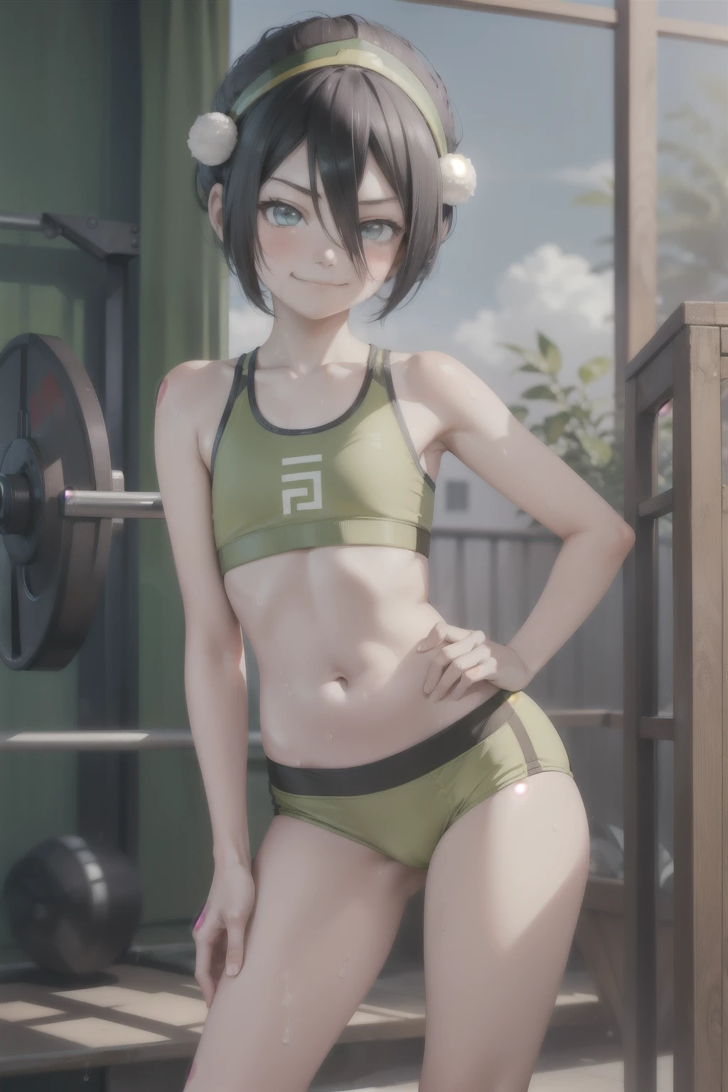 Anime style, 1 girl , toph beifong , young girl , skinny body ,solo , short  hair ,sweat , flat chest ,sport bra ,  smug face smile , blush, pantie , standing,  gym .