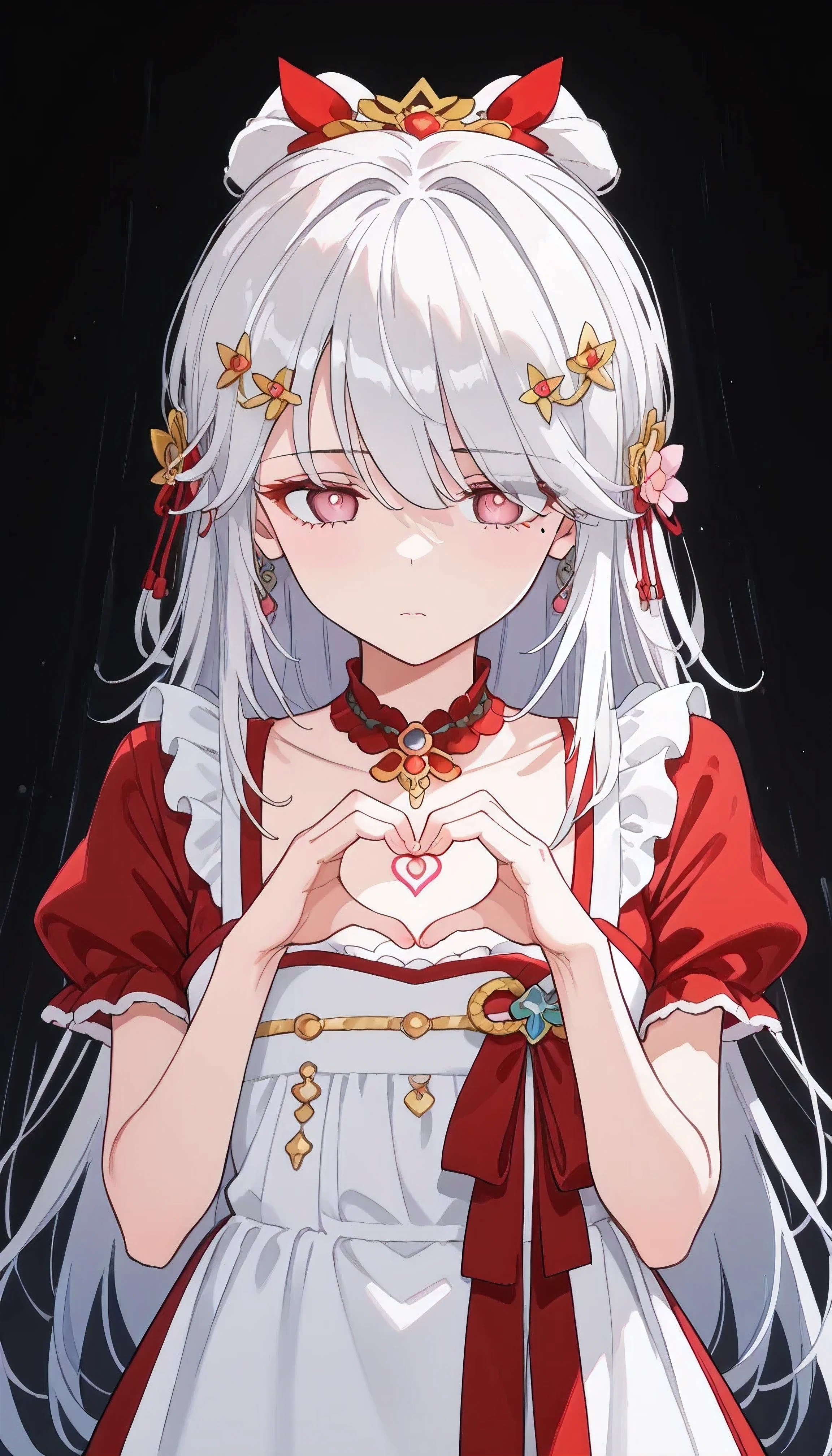 UN\(EOE\),one girl,solo,best quality, masterpiece,score_9, score_8_up, score_7_up, score_6_up, score_5_up, score_4_up ,,break,1girl,(dark background), (shaded Lighting),,break, incredibly_absurdres, ,very high resolution, very aesthetic,by famous artist, 8k, 16k,,beauty illustration,photoshop_(large),,(pink eyes:1.2,looking outside),(white hair|Detailed hair|long hair|hairpin|hair tidy up|knot top),(red maid dress),(sleepy, depressed,emotionless,jitome),dilated pupils, empty eyes,one mole under eye,hair over one eye,intense angle, f/16, Canon,upper body,(
heart hands, 4-Finger Heart Hands,)