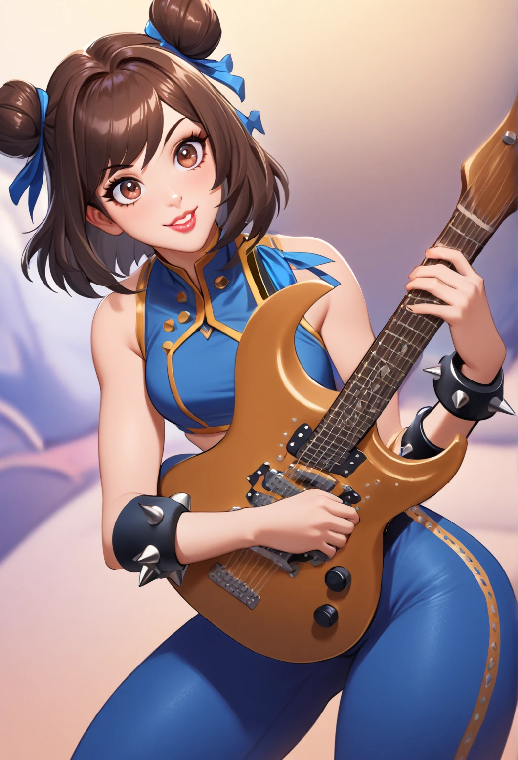 chunlifortnite, 1girl, short hair, brown hair, ribbon, brown eyes, jewelry, hair ribbon, sleeveless, hair bun, bracelet, lips, blue crop top, double bun, blue bodysuit, thick thighs, spikes,spiked bracelet, unitard, studded bracelet, chun-lin, teasing, hold a guitar 