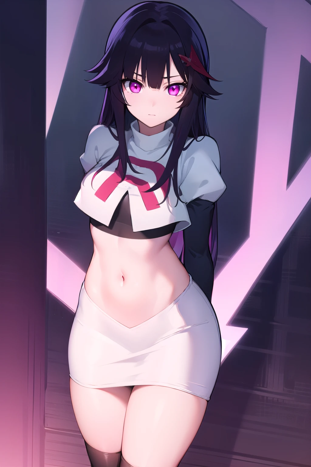 honkaisparkle, black hair, colored inner hair, glasses, hair intakes, hair ornament, hairclip, long hair, multicolored hair, (pink eyes:1.3), purple hair, straight hair,
BREAK team rocket,team rocket uniform,white skirt,red letter R,crop top,black thigh-highs,black elbow gloves,
BREAK looking at viewer, cowboy shot,
BREAK (masterpiece:1.2), best quality, high resolution, unity 8k wallpaper, (illustration:0.8), (beautiful detailed eyes:1.6), extremely detailed face, perfect lighting, extremely detailed CG, (perfect hands, perfect anatomy),