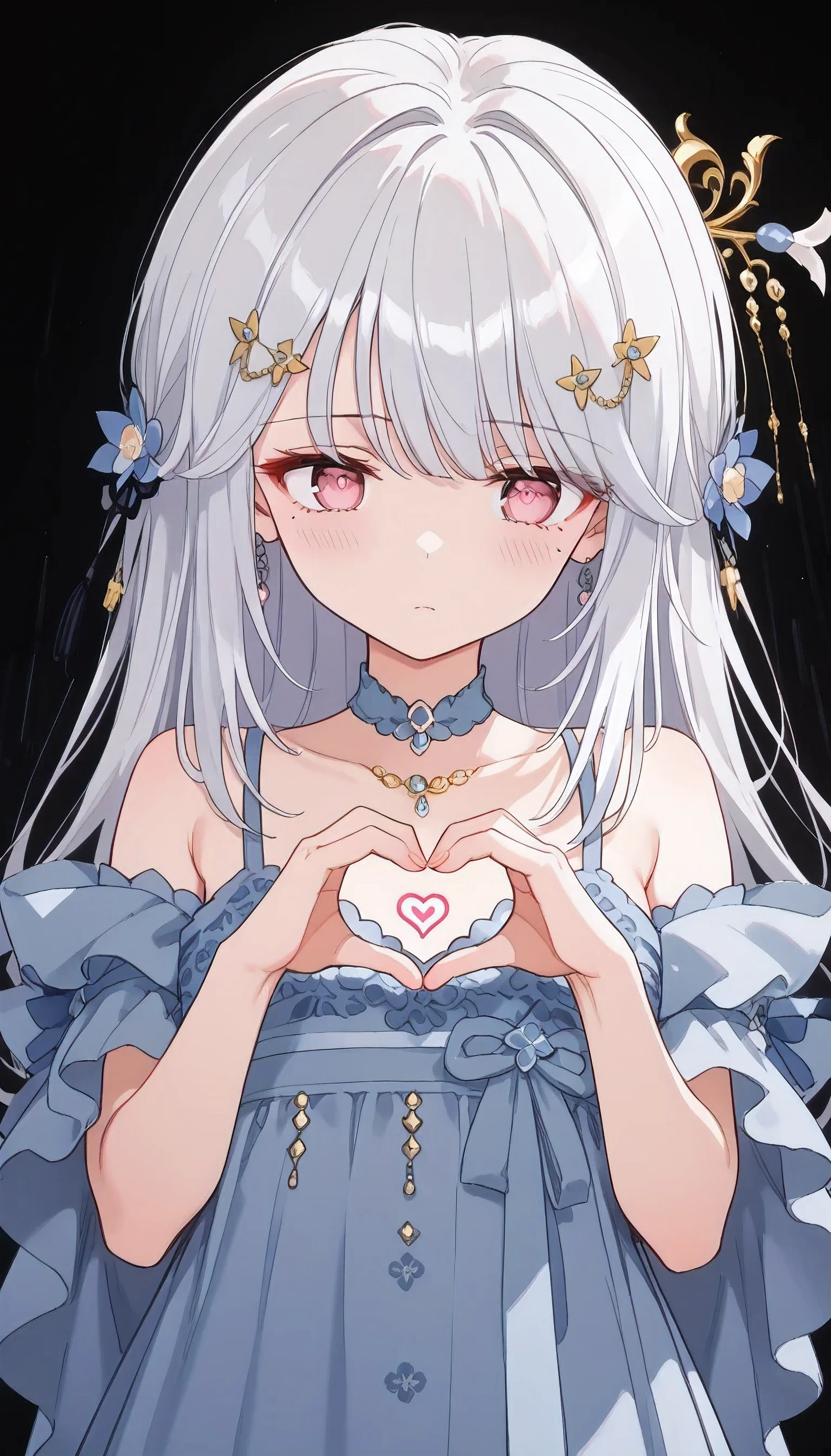 UN\(EOE\),one girl,solo,best quality, masterpiece,score_9, score_8_up, score_7_up, score_6_up, score_5_up, score_4_up ,,break,1girl,(dark background), (shaded Lighting),,break, incredibly_absurdres, ,very high resolution, very aesthetic,by famous artist, 8k, 16k,,beauty illustration,photoshop_(large),,(pink eyes:1.2,looking outside),(white hair|Detailed hair|long hair|hairpin|hair tidy up|knot top),(chiffon dress,,frills),(sleepy, depressed,emotionless,jitome),dilated pupils, empty eyes,one mole under eye,hair over one eye,intense angle, f/16, Canon,upper body,(
heart hands, 4-Finger Heart Hands,)