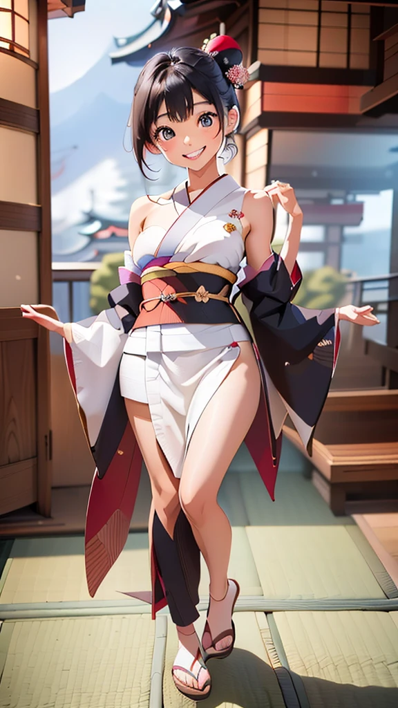 Cute girl, pulled panty, black princess cut hair, brown eyes, japanese gorgeous kimono coat on shoulder ,  topless, perfect breasts ,(fold arms),  grinning face,  white simple background, white teeth 