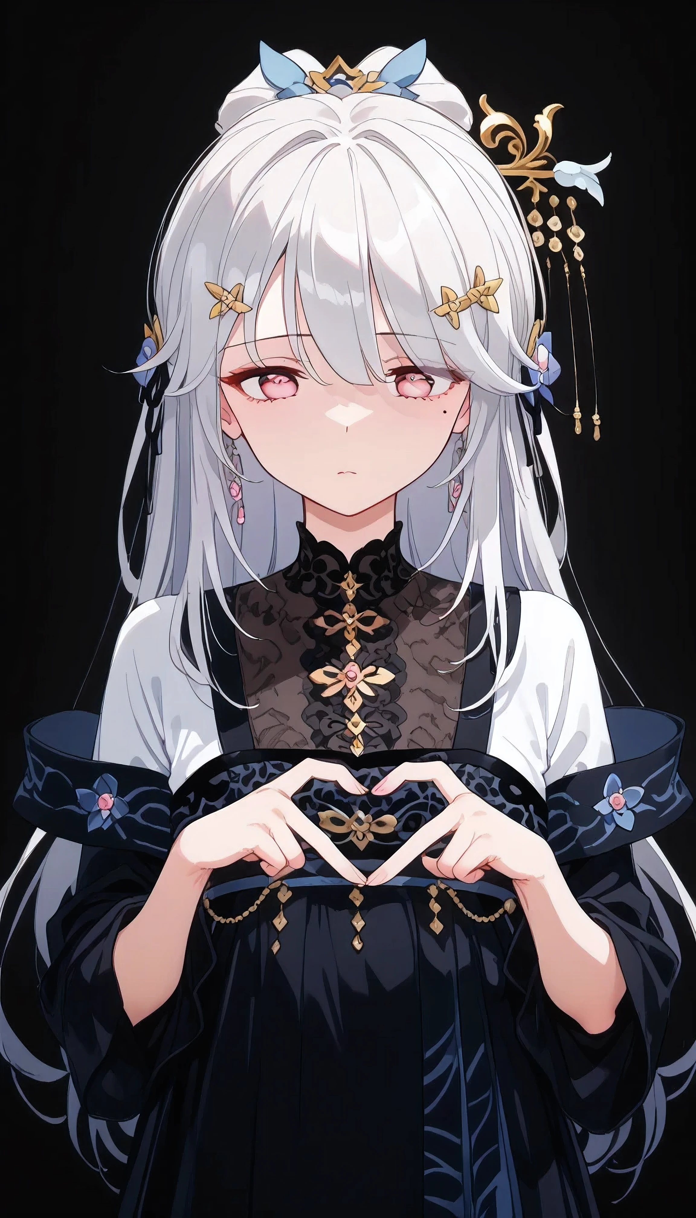 UN\(EOE\),one girl,solo,best quality, masterpiece,score_9, score_8_up, score_7_up, score_6_up, score_5_up, score_4_up ,,break,1girl,(dark background), (shaded Lighting),,break, incredibly_absurdres, ,very high resolution, very aesthetic,by famous artist, 8k, 16k,,beauty illustration,photoshop_(large),,(pink eyes:1.2,looking outside),(white hair|Detailed hair|long hair|hairpin|hair tidy up|knot top),(summer long skirt,,frills),(sleepy, depressed,emotionless,jitome),dilated pupils, empty eyes,one mole under eye,hair over one eye,intense angle, f/16, Canon,upper body,(heart fingers, heart hands,,)