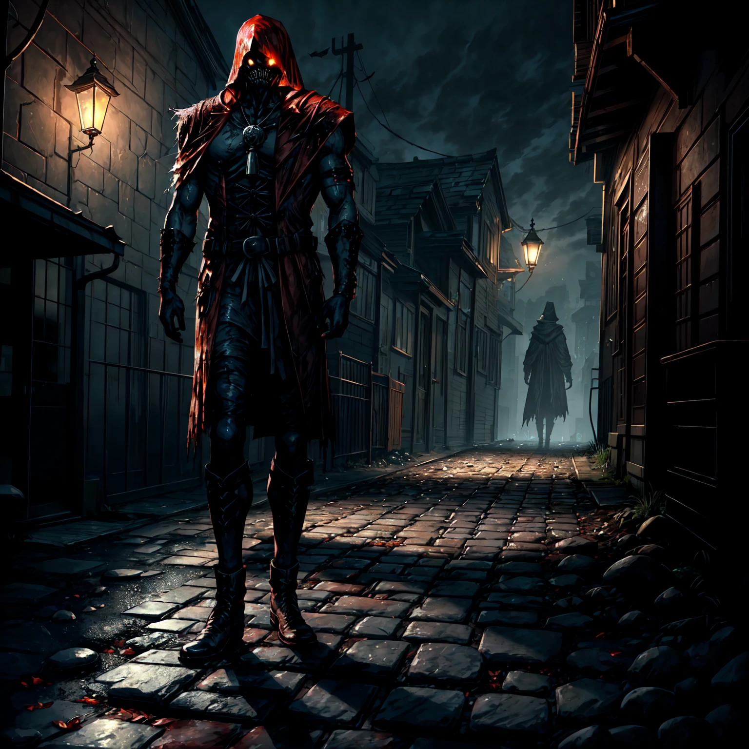 An eerie, shadowy creature in a tattered (red cloak), standing menacingly in a dark alley at night. The creature's silhouette is shrouded in darkness, with sharp, jagged details on its form. ((It holds a rusted, weathered bell in one hand, emanating an ominous aura)). The scene is illuminated by faint, cold moonlight reflecting on wet, cobblestone pavement, emphasizing the mysterious atmosphere. Highly detailed textures, cinematic lighting, realistic shadows, dark gothic aesthetics, and intricate details.