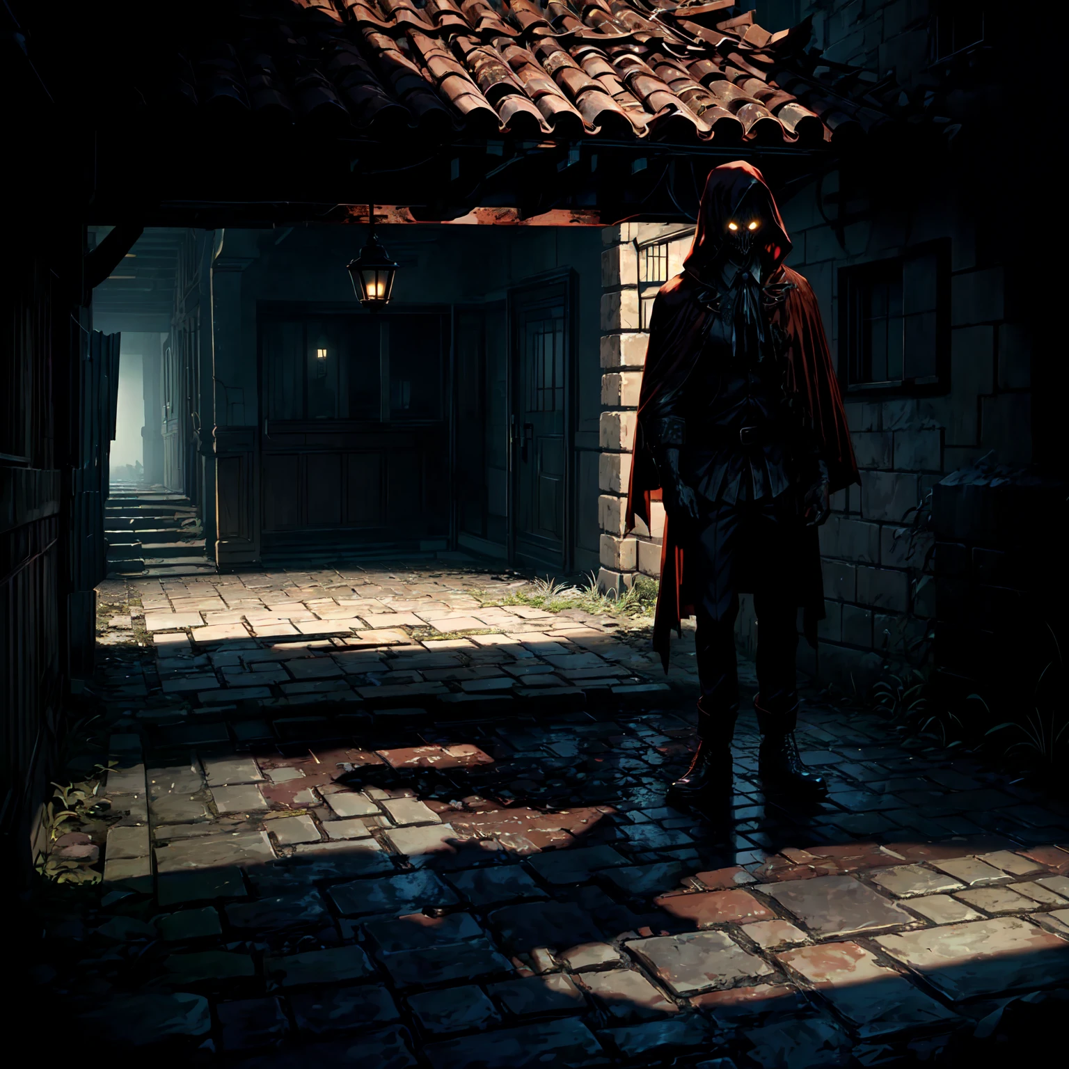 An eerie, shadowy creature in a tattered (red cloak), standing menacingly in a dark alley at night. The creature's silhouette is shrouded in darkness, with sharp, jagged details on its form. ((It holds a rusted, weathered bell in one hand, emanating an ominous aura)). The scene is illuminated by faint, cold moonlight reflecting on wet, cobblestone pavement, emphasizing the mysterious atmosphere. Highly detailed textures, cinematic lighting, realistic shadows, dark gothic aesthetics, and intricate details.