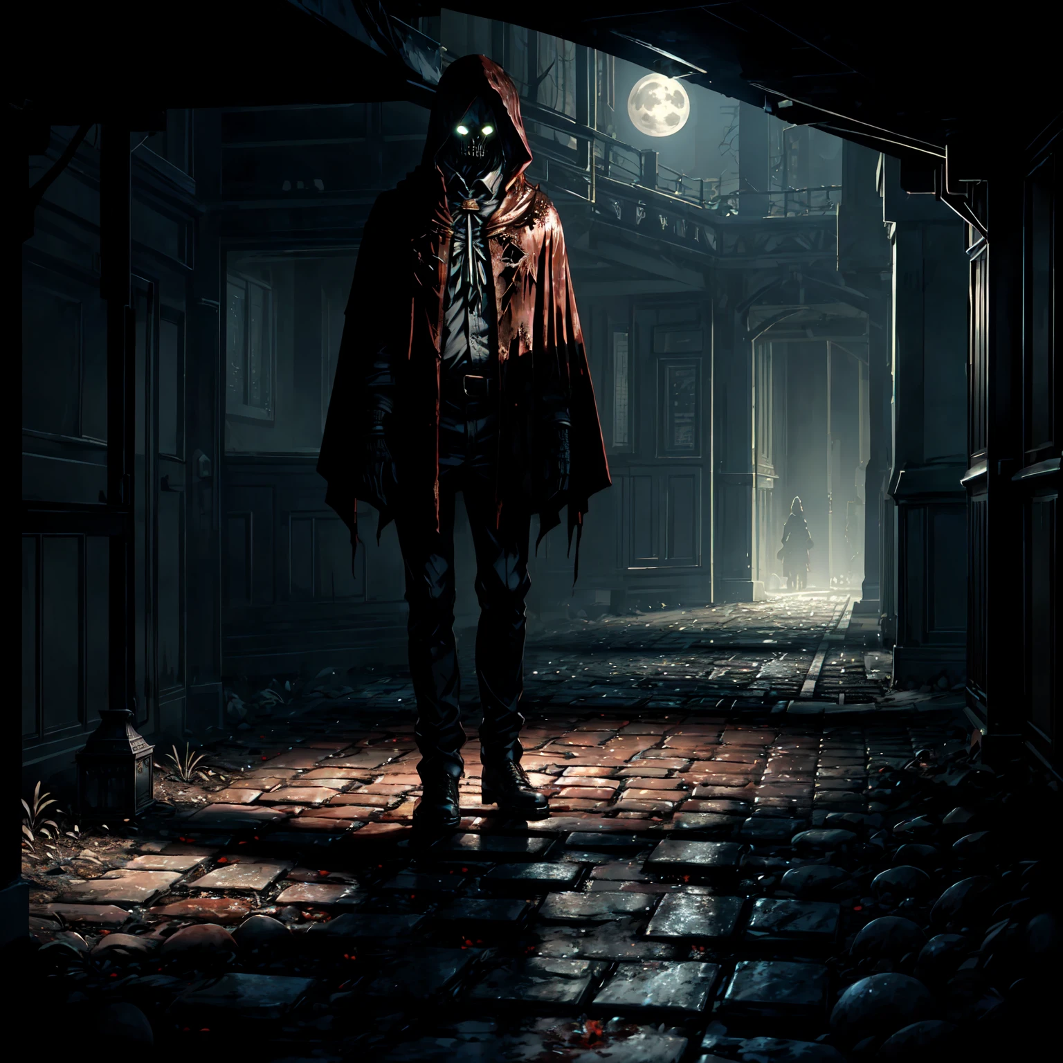 An eerie, shadowy creature in a tattered (red cloak), standing menacingly in a dark alley at night. The creature's silhouette is shrouded in darkness, with sharp, jagged details on its form. ((It holds a rusted, weathered bell in one hand, emanating an ominous aura)). The scene is illuminated by faint, cold moonlight reflecting on wet, cobblestone pavement, emphasizing the mysterious atmosphere. Highly detailed textures, cinematic lighting, realistic shadows, dark gothic aesthetics, and intricate details.