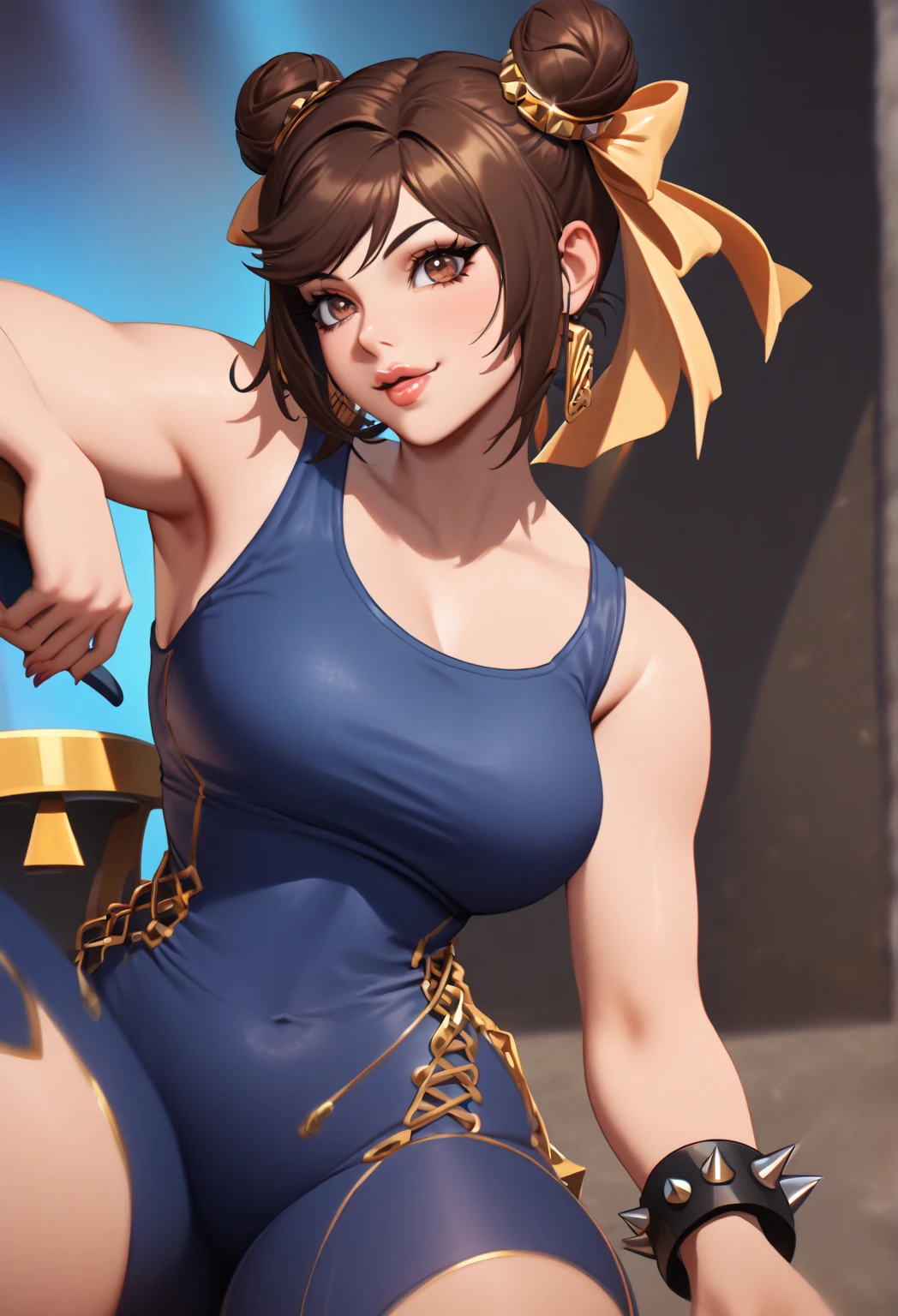 chunlifortnite, 1girl, short hair, brown hair, ribbon, brown eyes, jewelry, hair ribbon, sleeveless, hair bun, bracelet, lips, blue crop top, double bun, blue bodysuit, thick thighs, spikes,spiked bracelet, unitard, studded bracelet, chun-lin, teasing, playing a guitar 