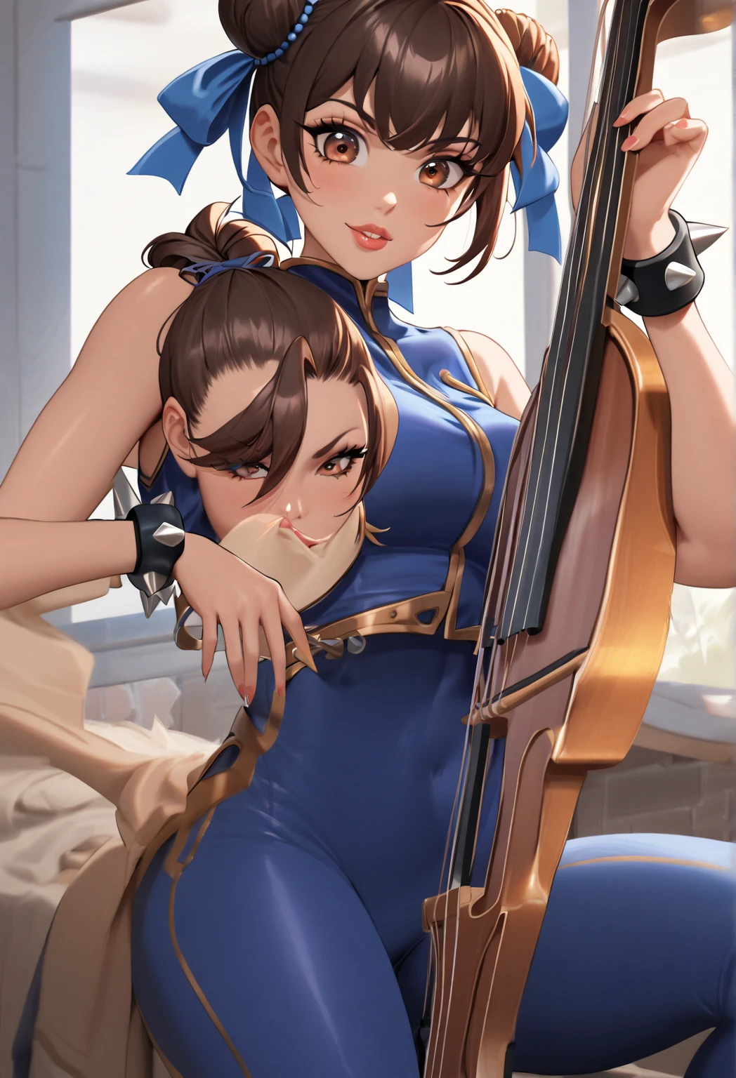 chunlifortnite, 1girl, short hair, brown hair, ribbon, brown eyes, jewelry, hair ribbon, sleeveless, hair bun, bracelet, lips, blue crop top, double bun, blue bodysuit, thick thighs, spikes,spiked bracelet, unitard, studded bracelet, chun-lin, teasing, playing cello