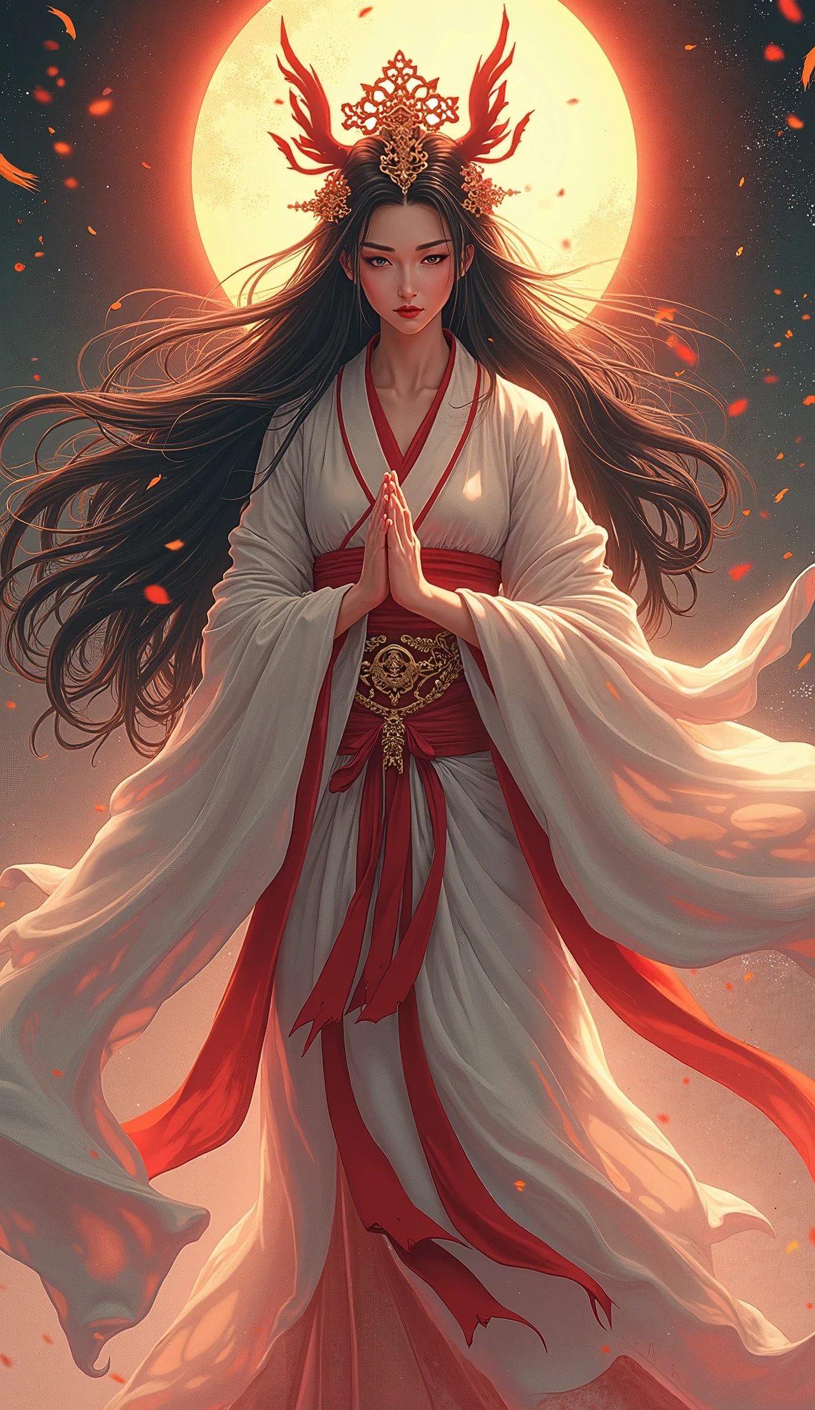  beautiful goddess Amaterasu, whole body, Japan's highest goddess ,  A gentle face,  beautiful dark hair, Takamagahara prayer,  high image quality, masterpiece,  animation art, 